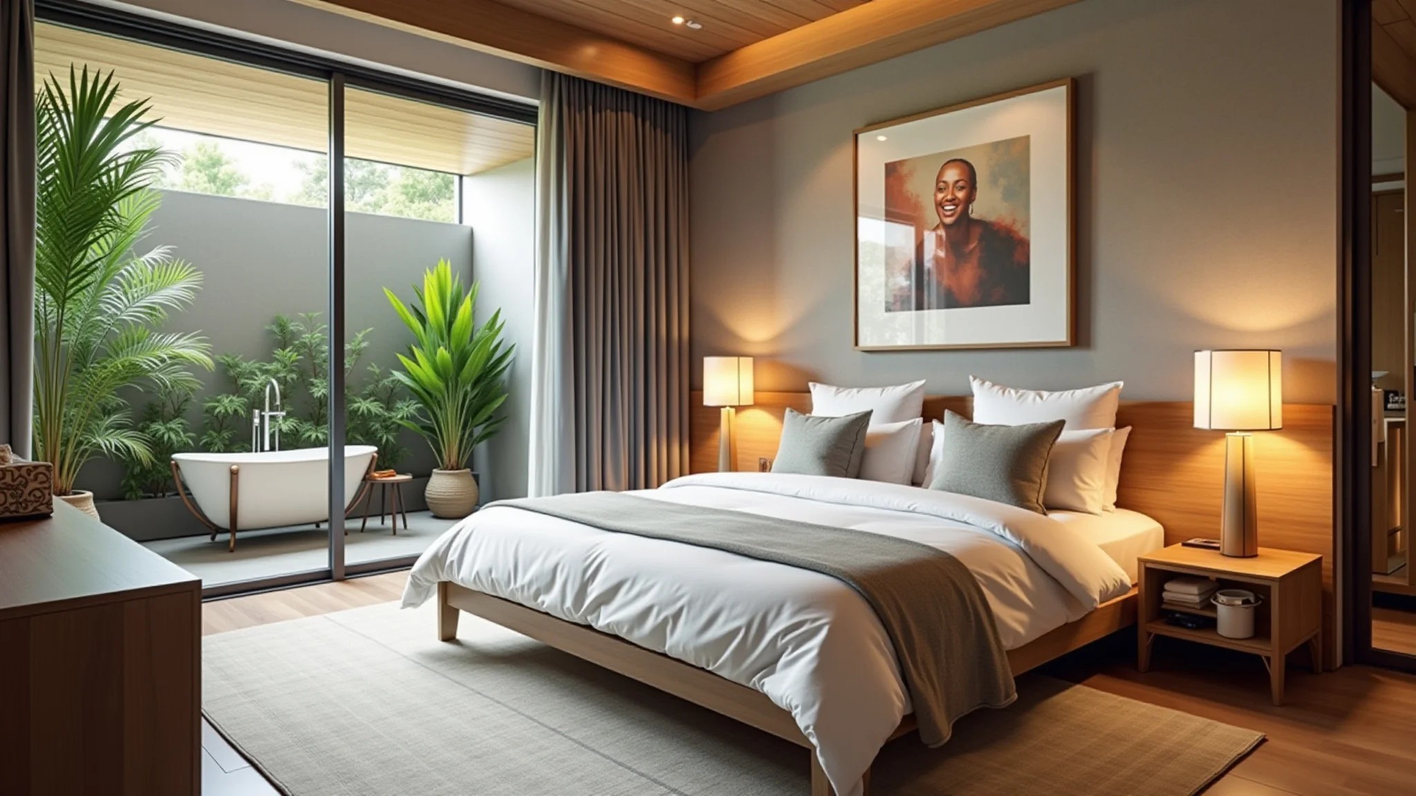 Quarto moderno integrado a um banheiro elegante, com luz natural e design brasileiro.