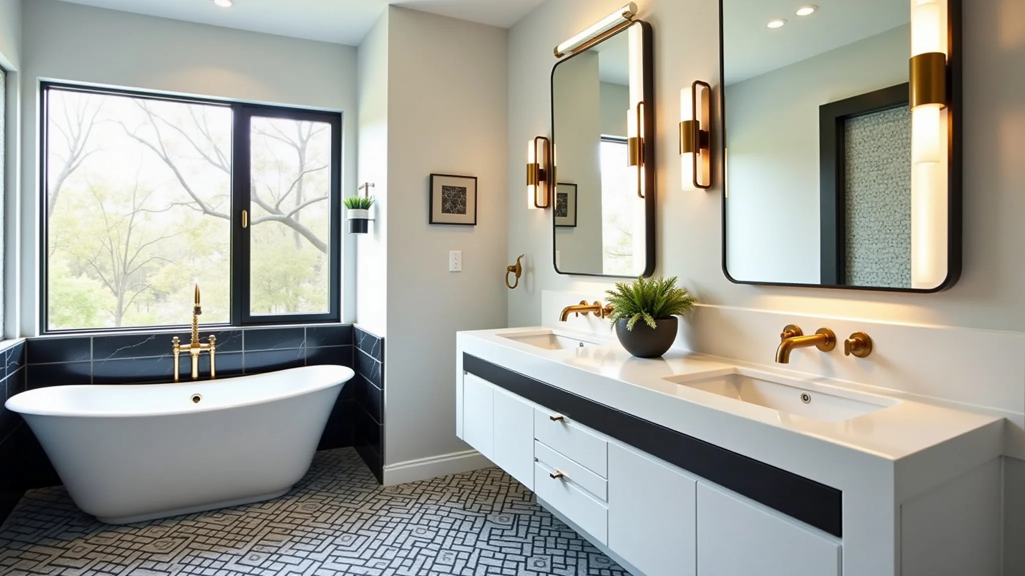 Banheiro moderno em preto e branco com azulejos geométricos e detalhes em dourado.