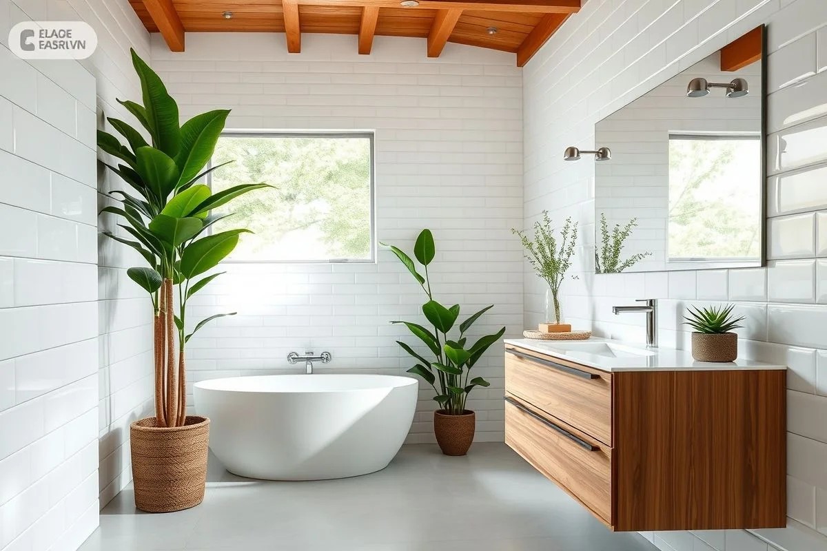 Banheiro moderno com azulejos brancos, madeira e plantas, representando conforto e bem-estar.
