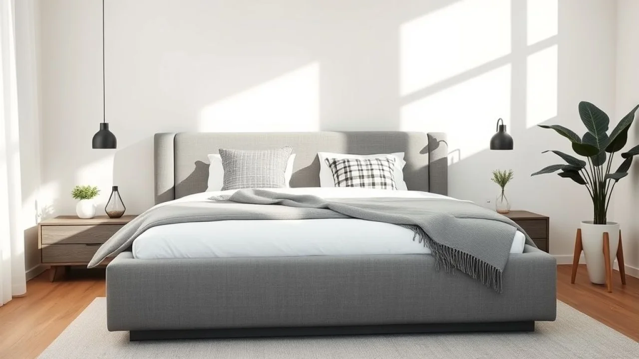 Quarto moderno com cama box cinza, iluminação suave e decoração minimalista.