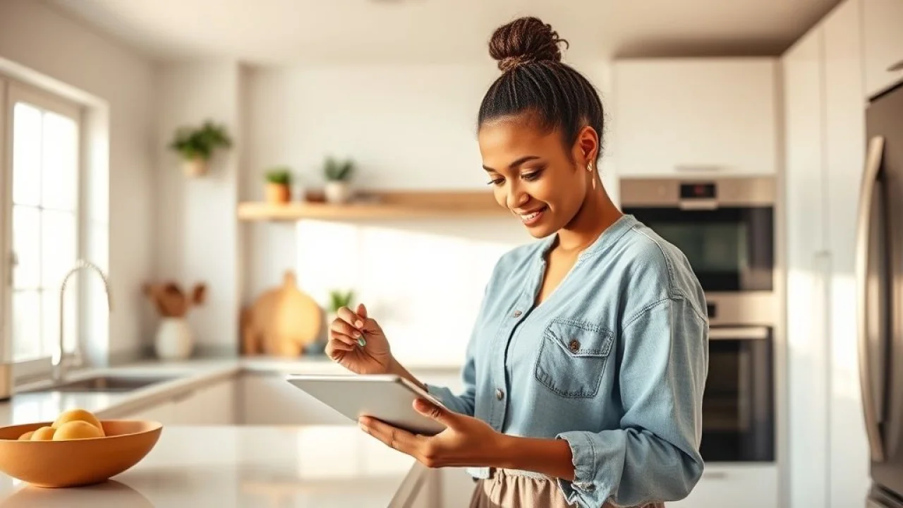 Mulher planejando reforma de cozinha no tablet. Orçamento detalhado