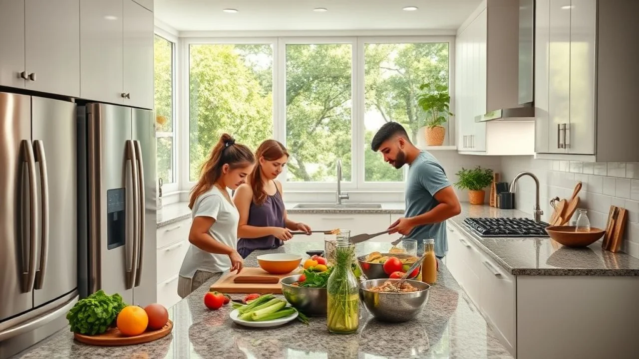 Família brasileira cozinha em cozinha moderna e segura com eletrodomésticos de inox e bancada de granito.