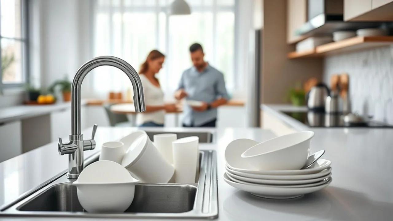 Pia de cozinha moderna em inox, com louça limpa e família brasileira ao fundo.