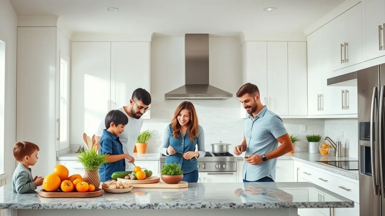 Cozinha moderna e iluminada com família brasileira preparando refeição. Reforma com gesso e design clean.
