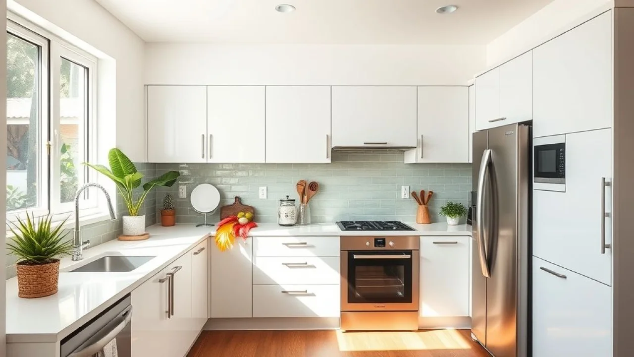 Cozinha moderna brasileira com armários brancos e backsplash vibrante, iluminação natural.