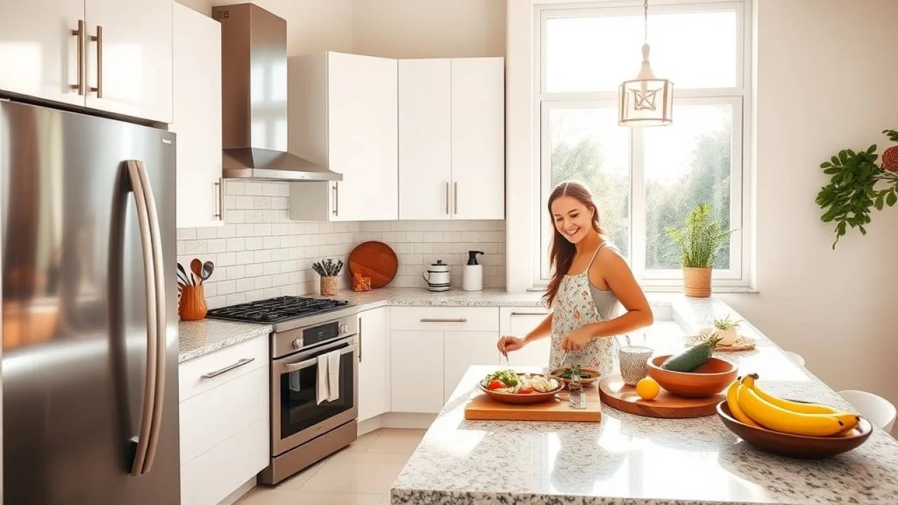 Cozinha brasileira moderna e funcional com mulher sorrindo preparando comida.