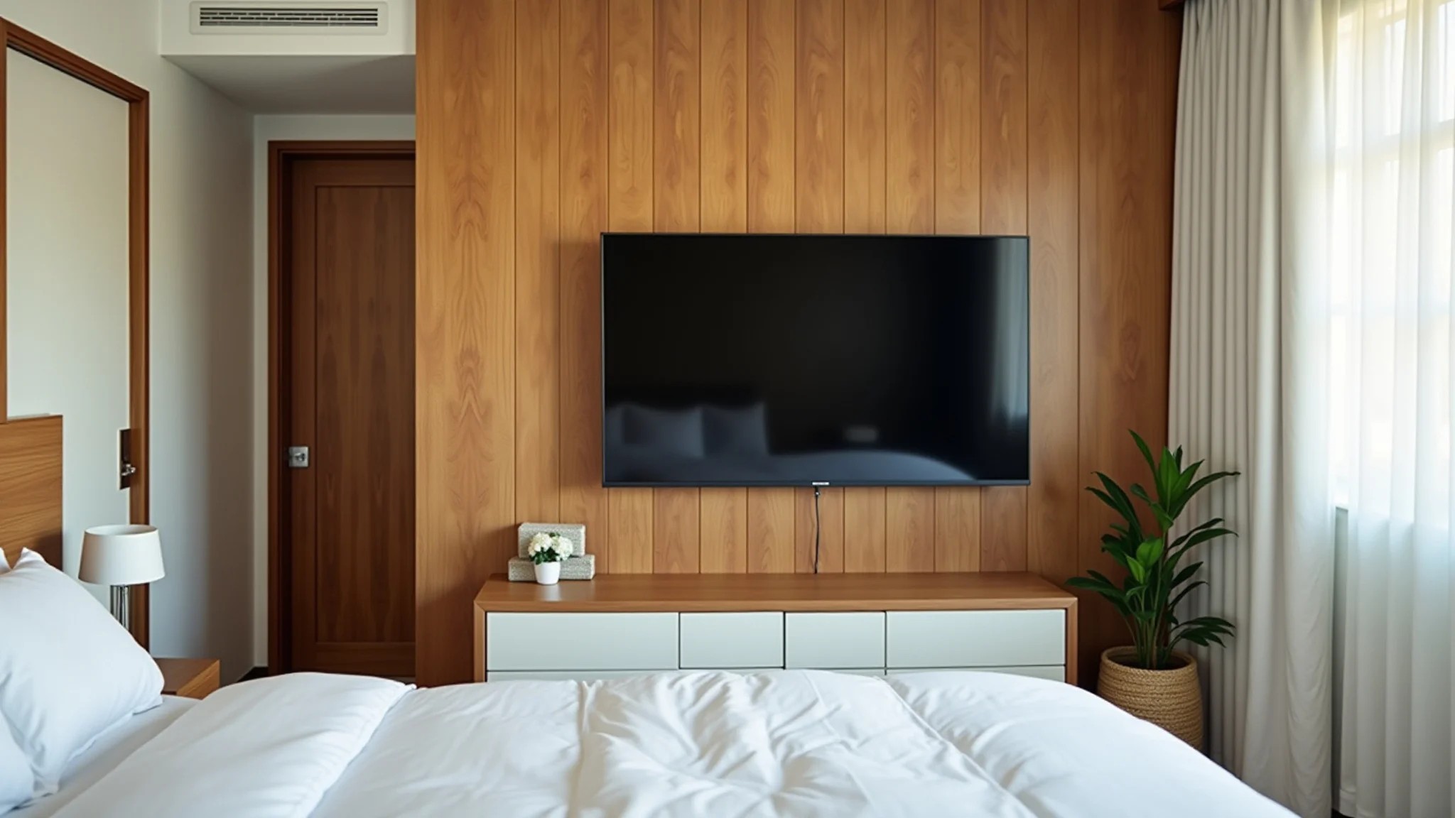 Quarto de casal moderno com TV na parede de painel de madeira e decoração brasileira.