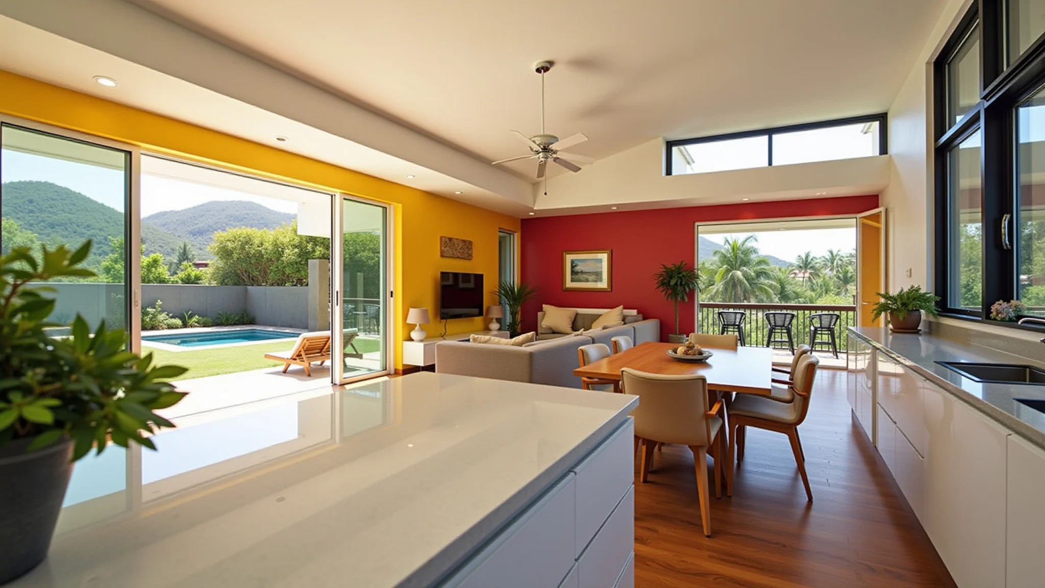 Sala e cozinha integradas, design brasileiro moderno, cores vibrantes e iluminação natural.