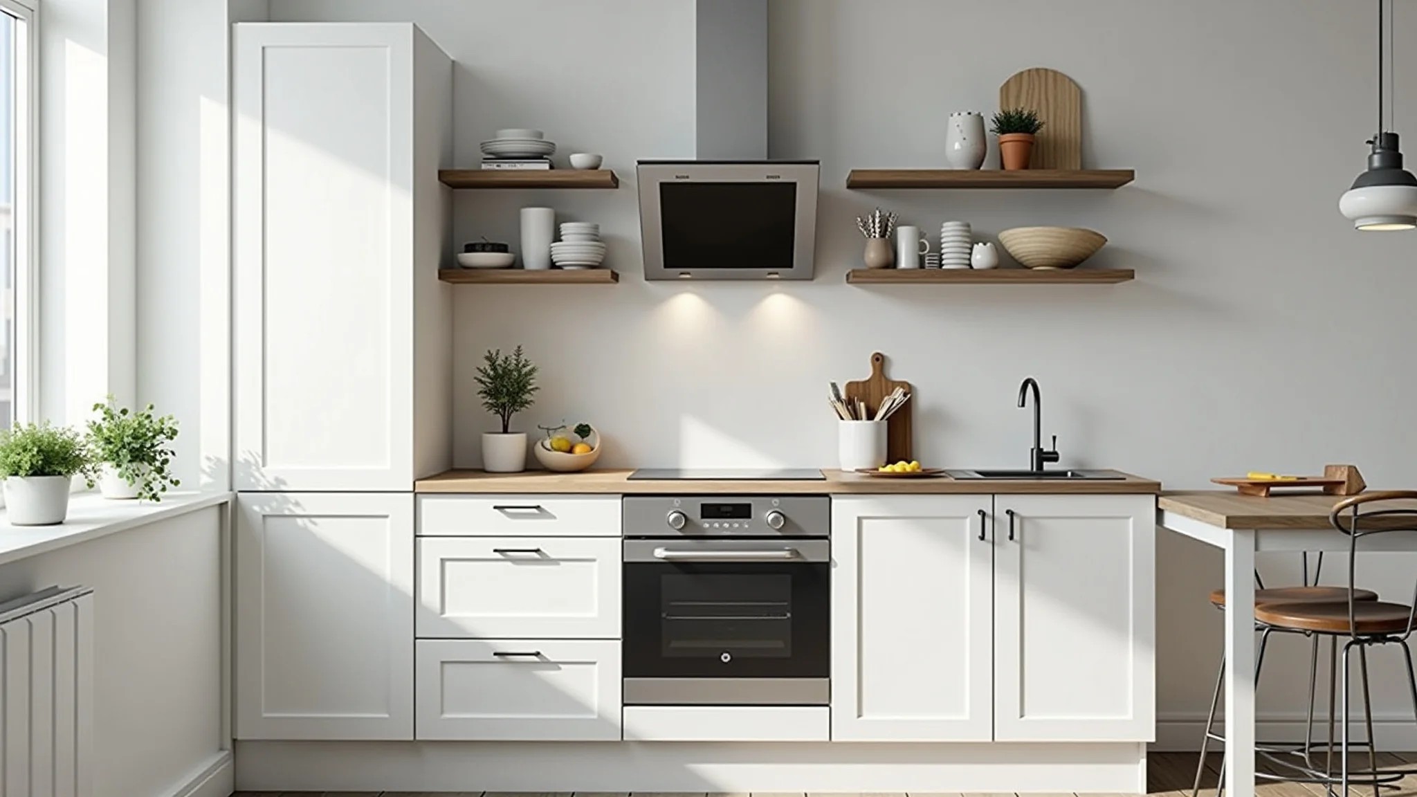 Cozinha moderna e bem iluminada, seguindo as normas ABNT, com armários modulares e instalações elétricas seguras.