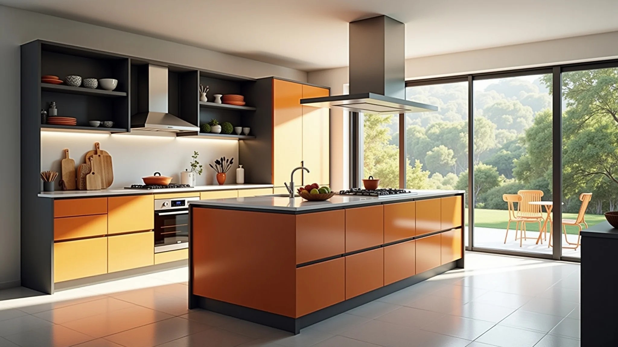 Cozinha moderna com ilha central, luz natural e decoração brasileira.