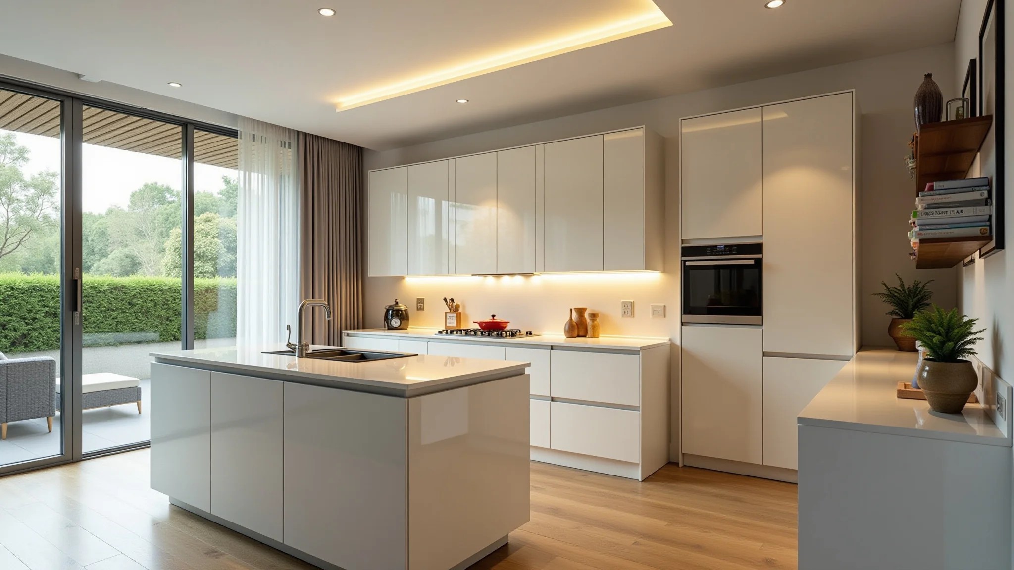 Cozinha moderna e iluminada com ilha pequena, design brasileiro e cores vibrantes.