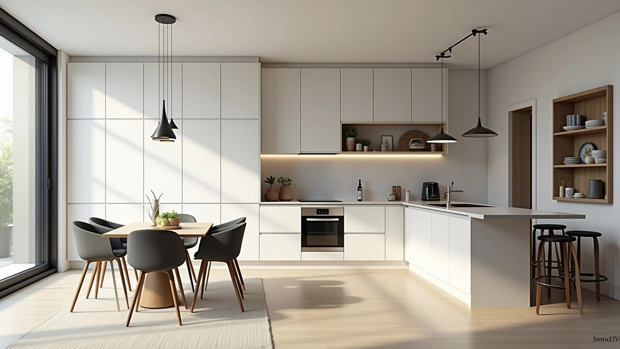 Kitnet moderna com design minimalista, móveis multifuncionais e iluminação natural.