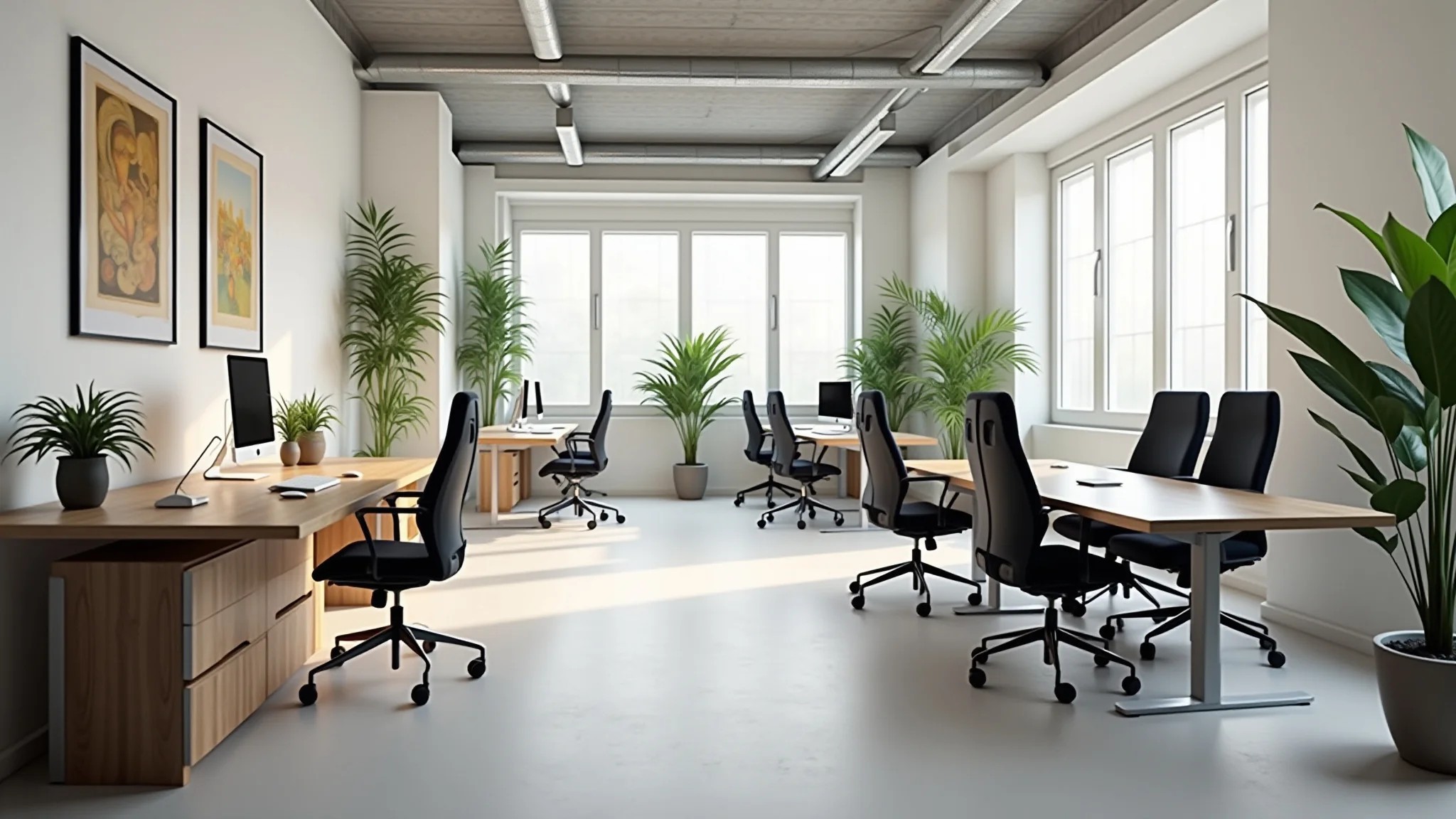 Escritório moderno e flexível com design biofílico e iluminação natural.