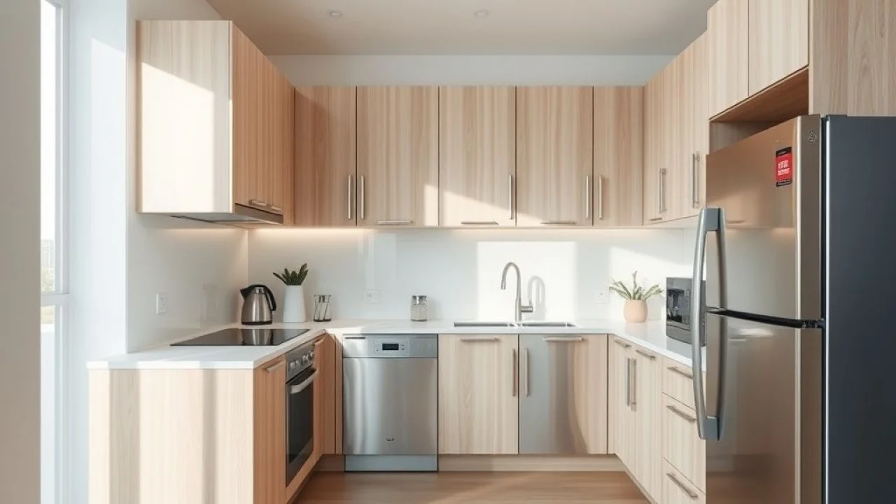 Cozinha planejada pequena e moderna em apartamento brasileiro com armários de madeira clara.