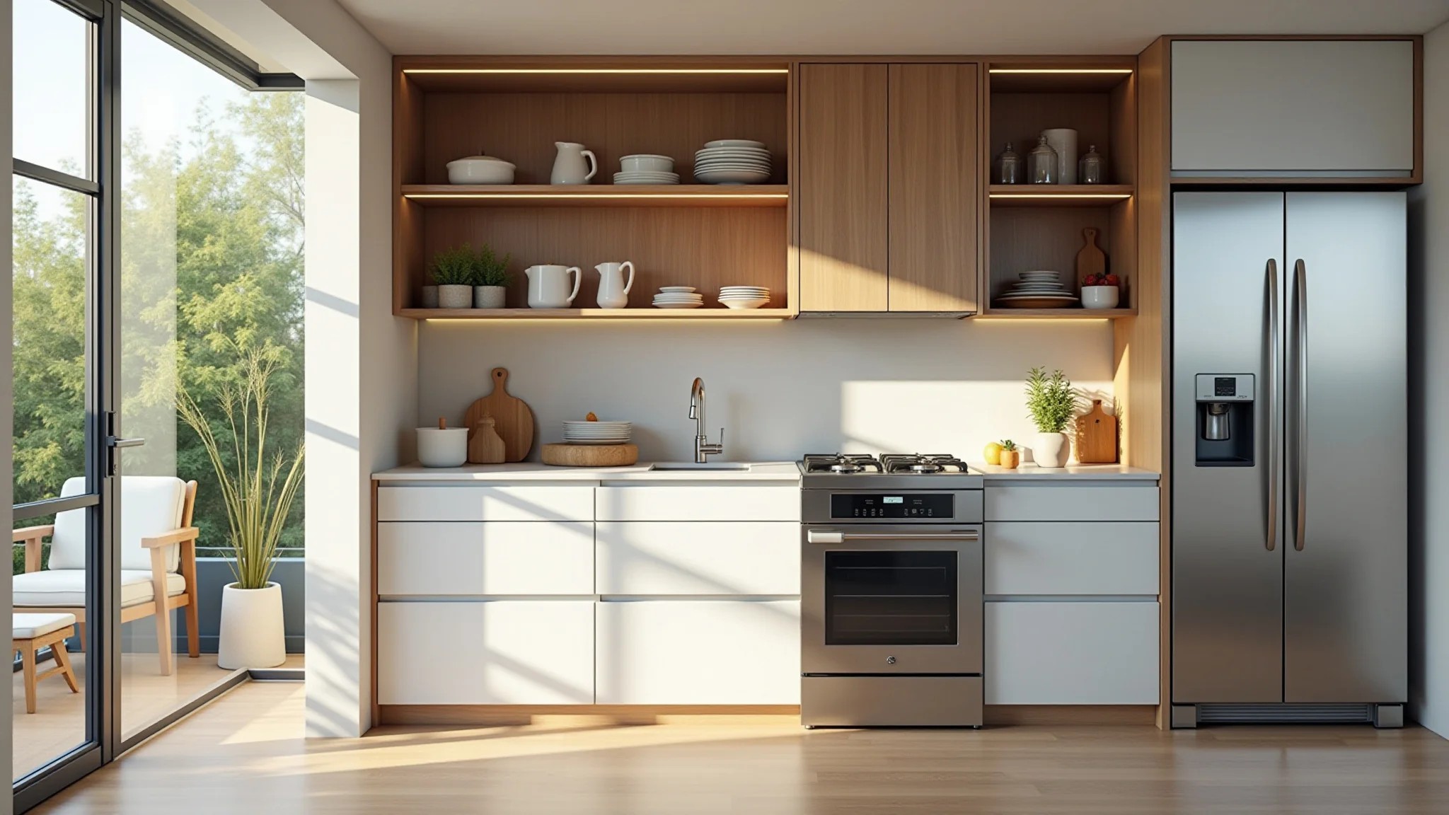 Cozinha gourmet pequena e moderna com design brasileiro e iluminação natural.