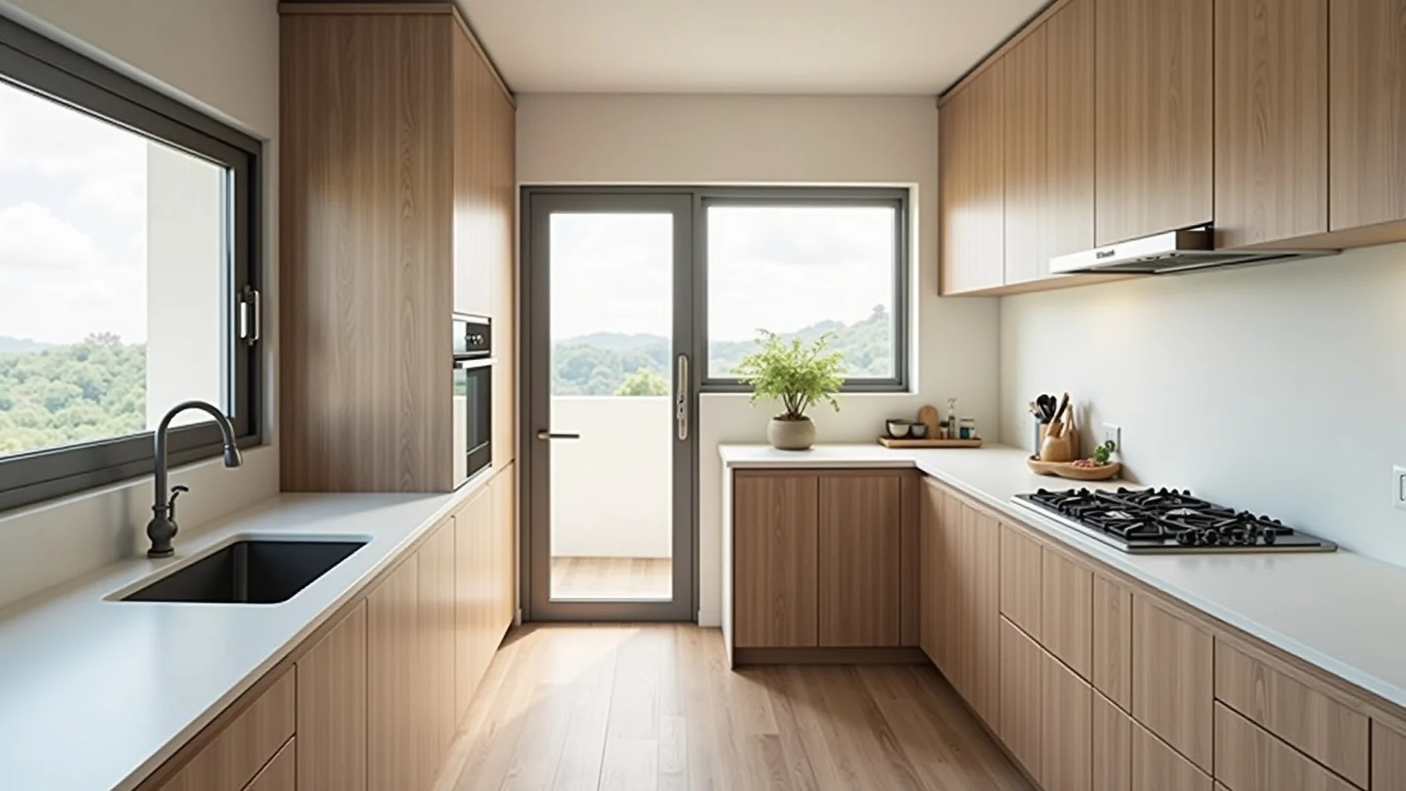 Cozinha pequena e moderna, estilo linear, armários de madeira clara, design minimalista.