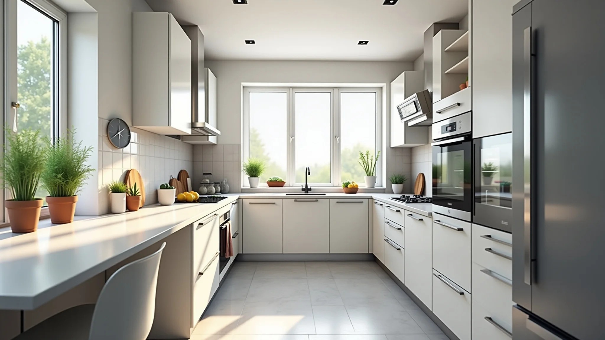 Cozinha pequena moderna com piso porcelanato cinza claro e iluminação natural.