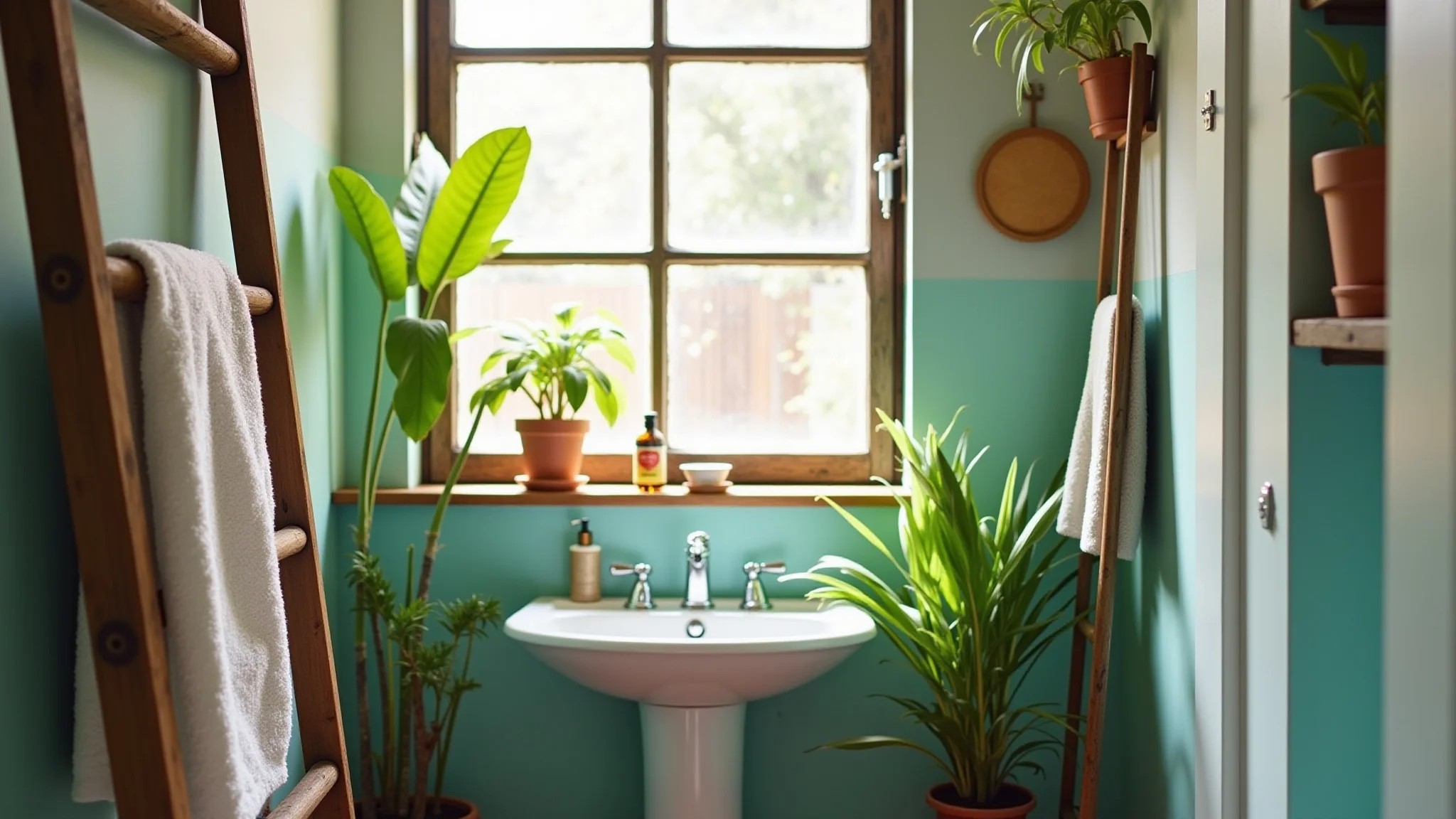 Banheiro pequeno com decoração DIY: parede pintada, escada como porta-toalhas e plantas vibrantes.