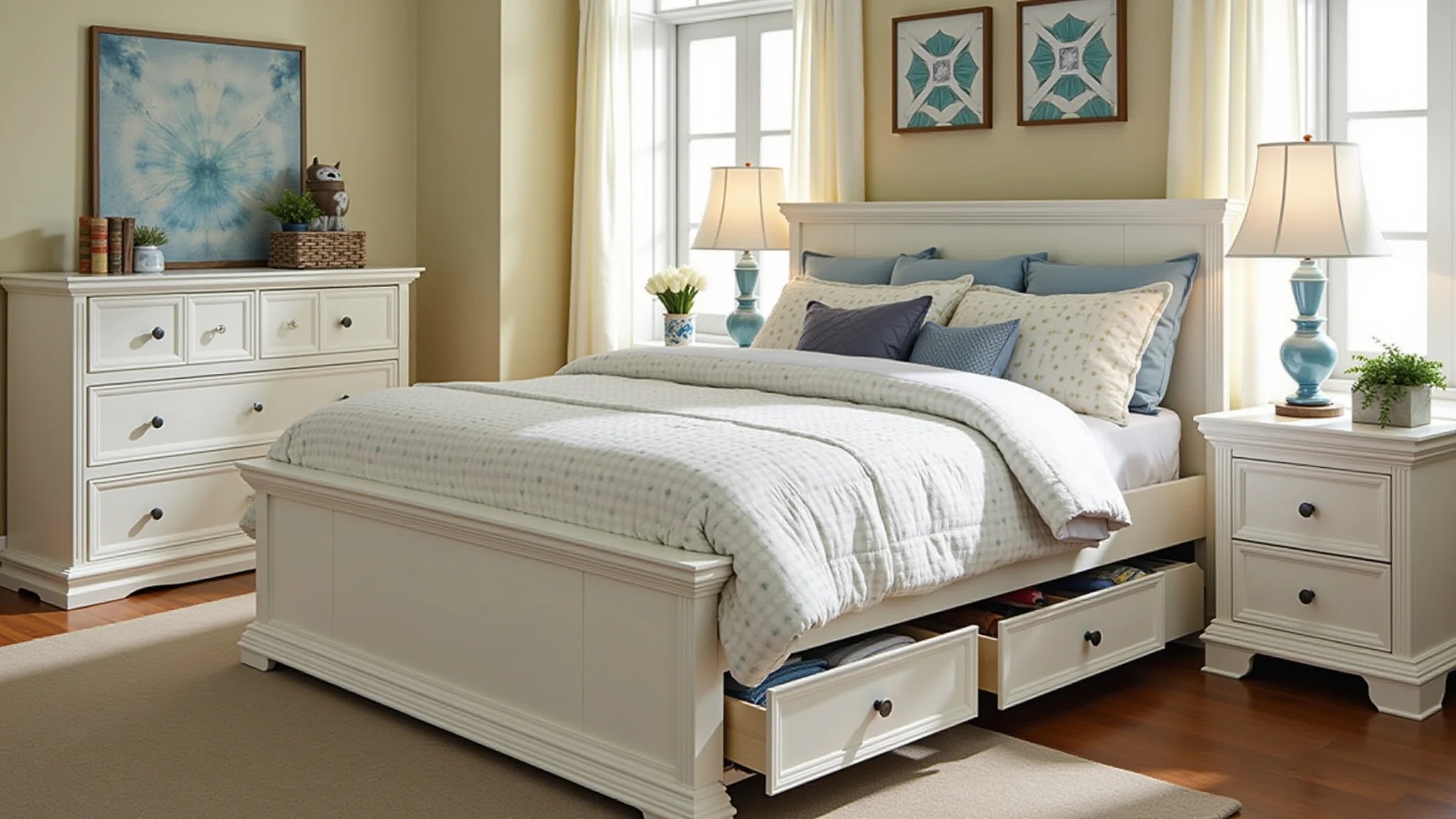 Quarto aconchegante com cama de casal com gavetas embutidas, otimizando o espaço.