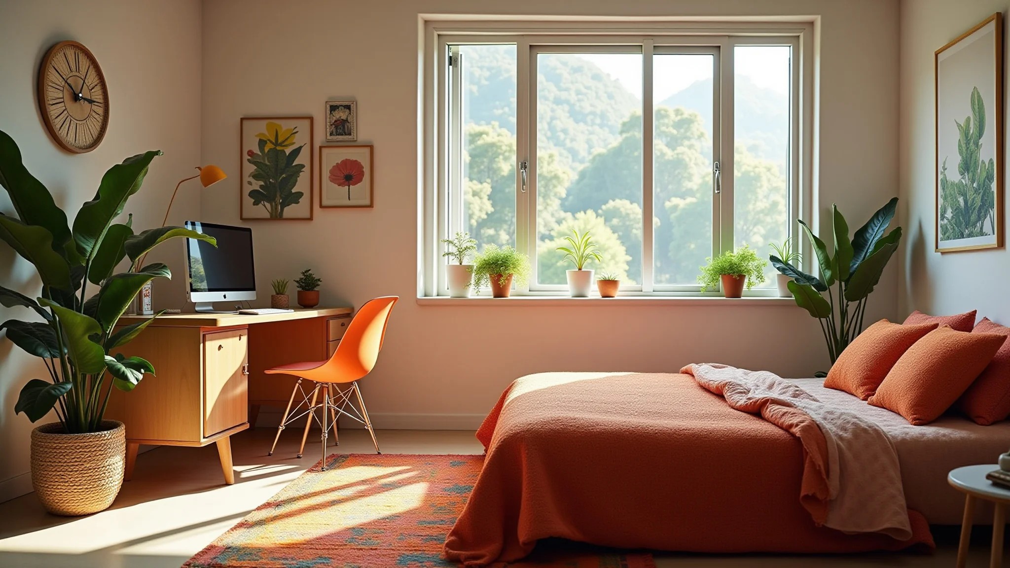 Quarto vibrante com escrivaninha minimalista, plantas e decoração colorida em estilo brasileiro.