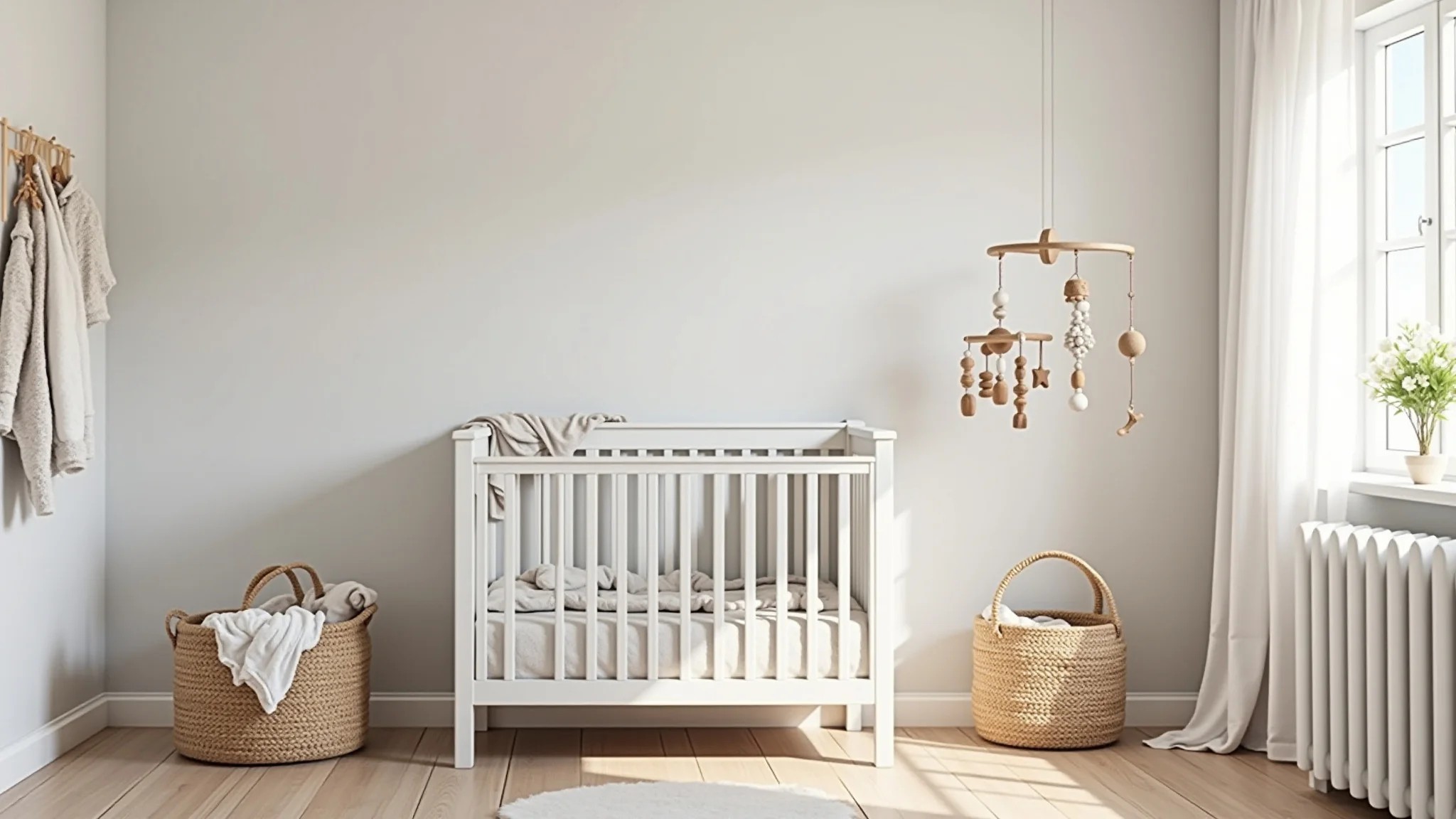 Trocador funcional em quarto de bebê neutro com móbile de brinquedos de madeira.