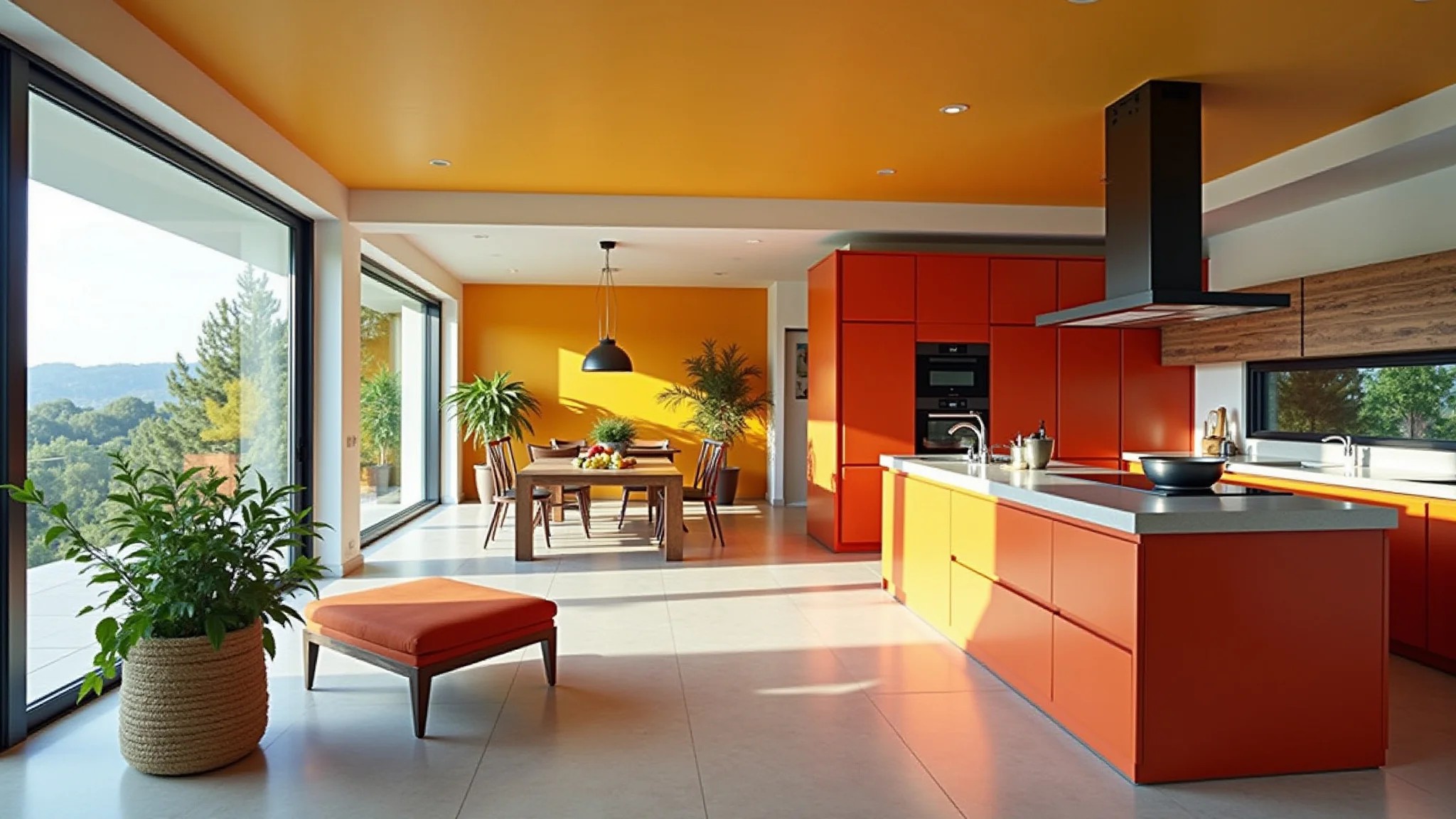 Cozinha integrada com sala, design brasileiro vibrante, cores alegres e luz natural.