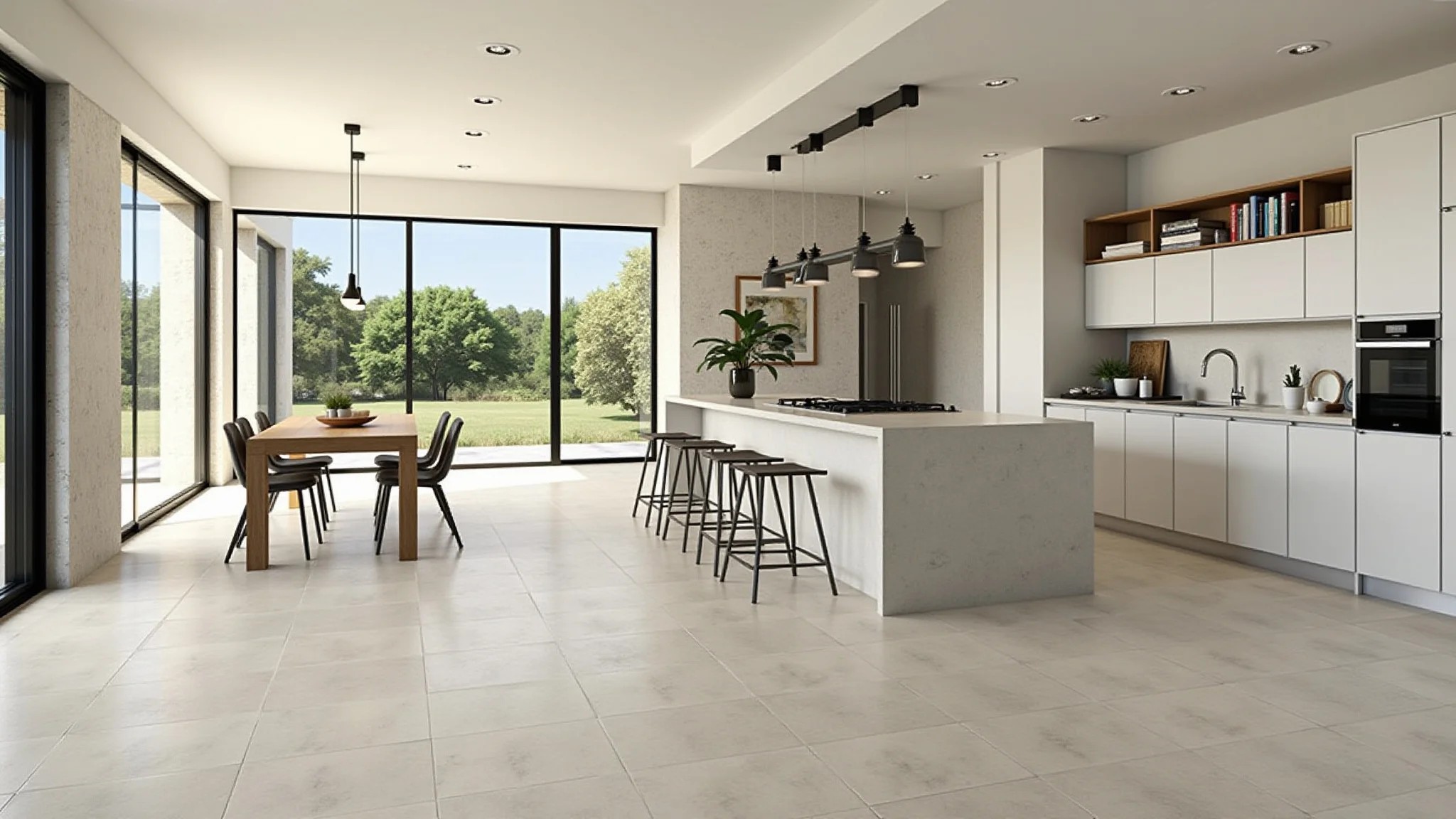 Cozinha e sala integradas com piso unificado de porcelanato, design brasileiro.