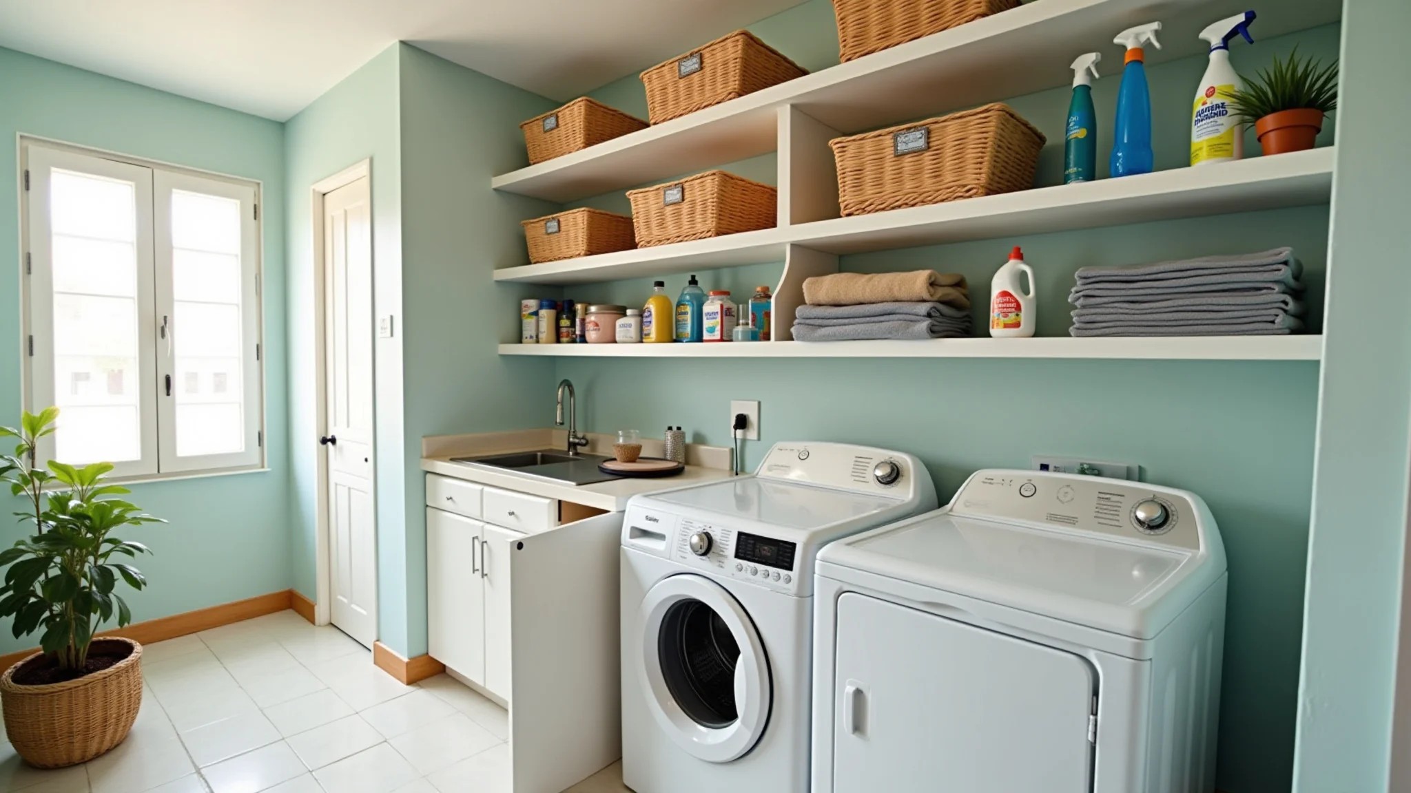 Lavanderia organizada com prateleiras, produtos de limpeza e cestos coloridos, estilo brasileiro.