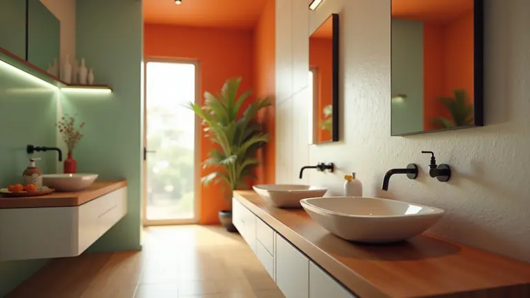 Bancada de banheiro moderna com cuba de apoio e decoração vibrante em estilo brasileiro.