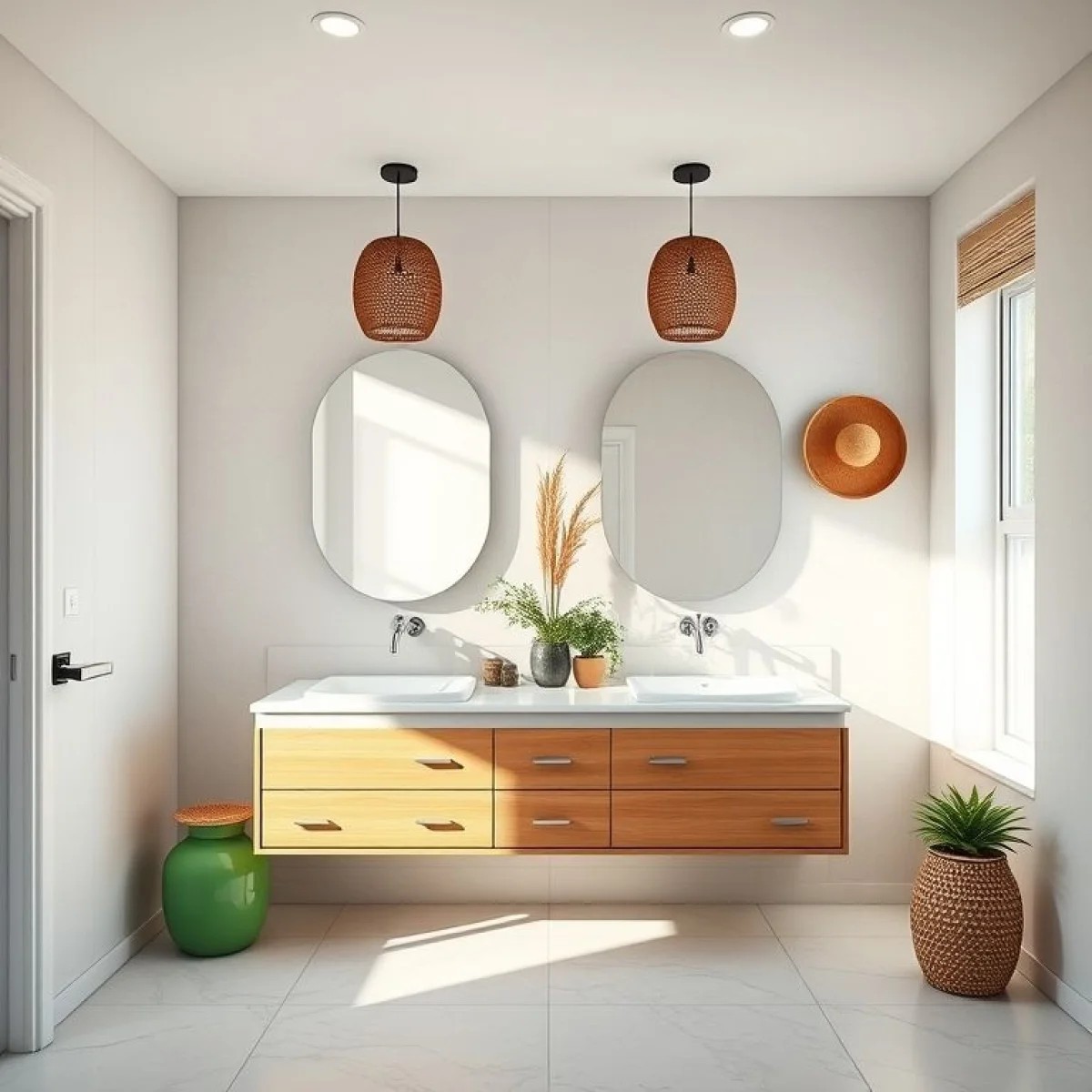 Banheiro moderno com duas cubas, iluminação natural e decoração brasileira vibrante.