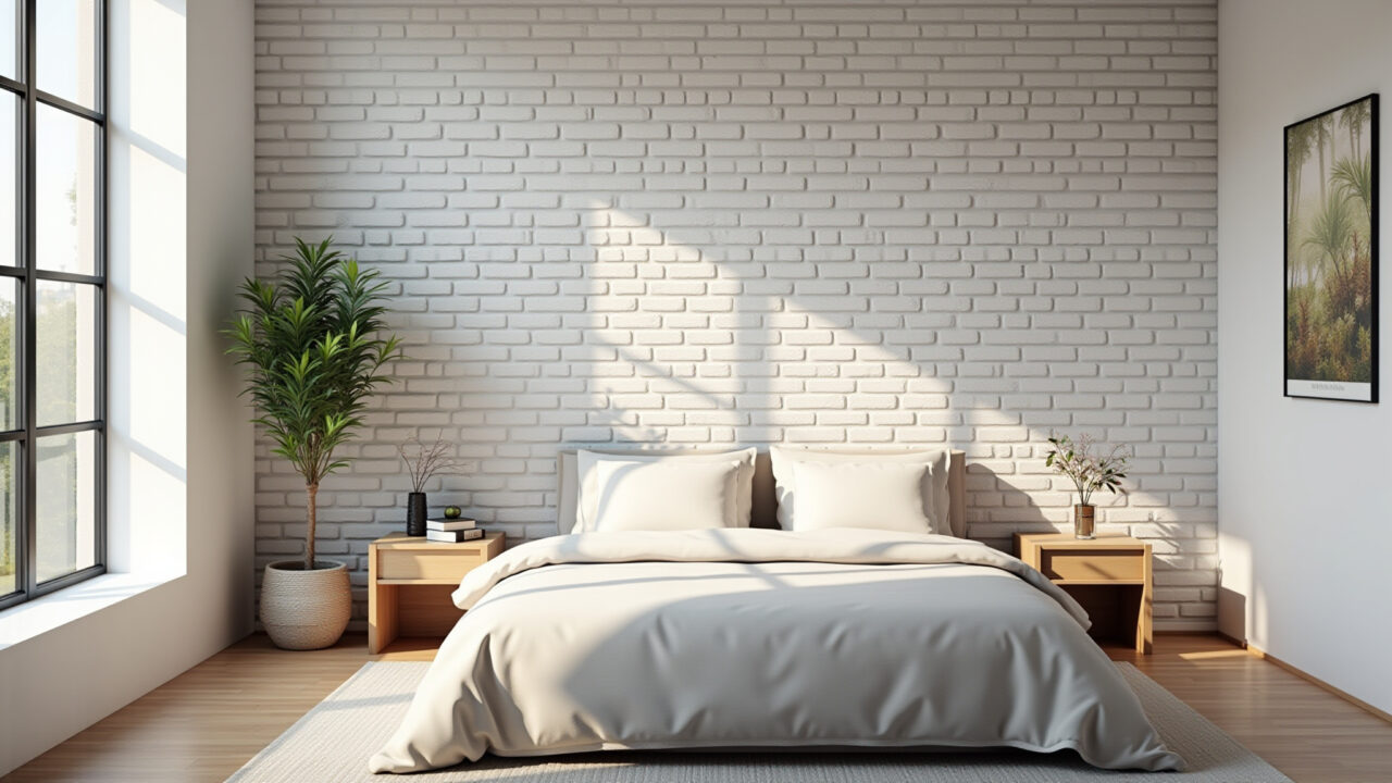 Quarto clean com papel de parede de tijolinho branco e decoração minimalista.