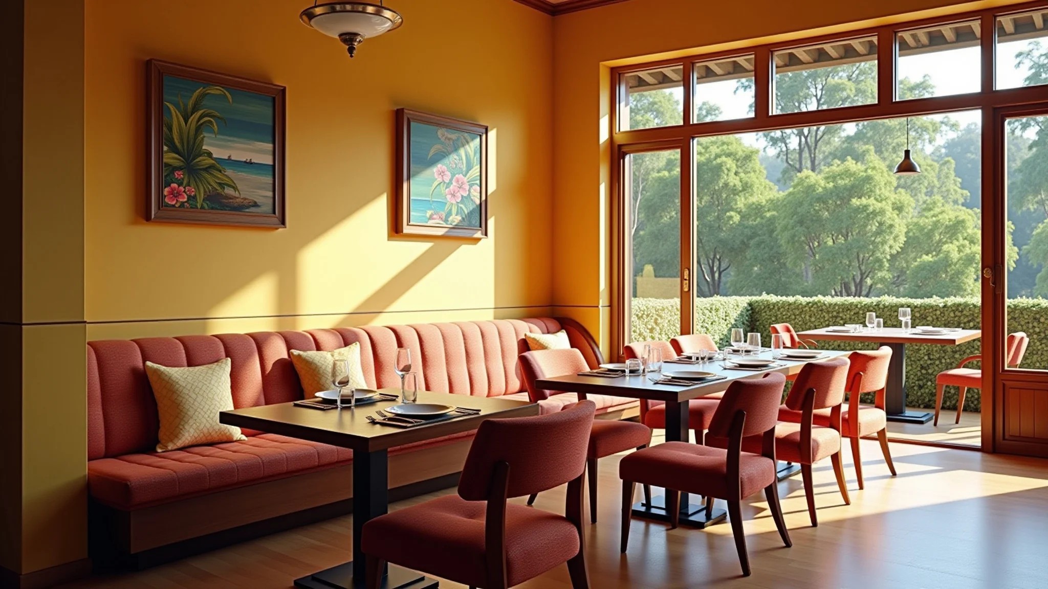 Sala de jantar com canto alemão aconchegante, estilo brasileiro, cores vibrantes e luz natural.
