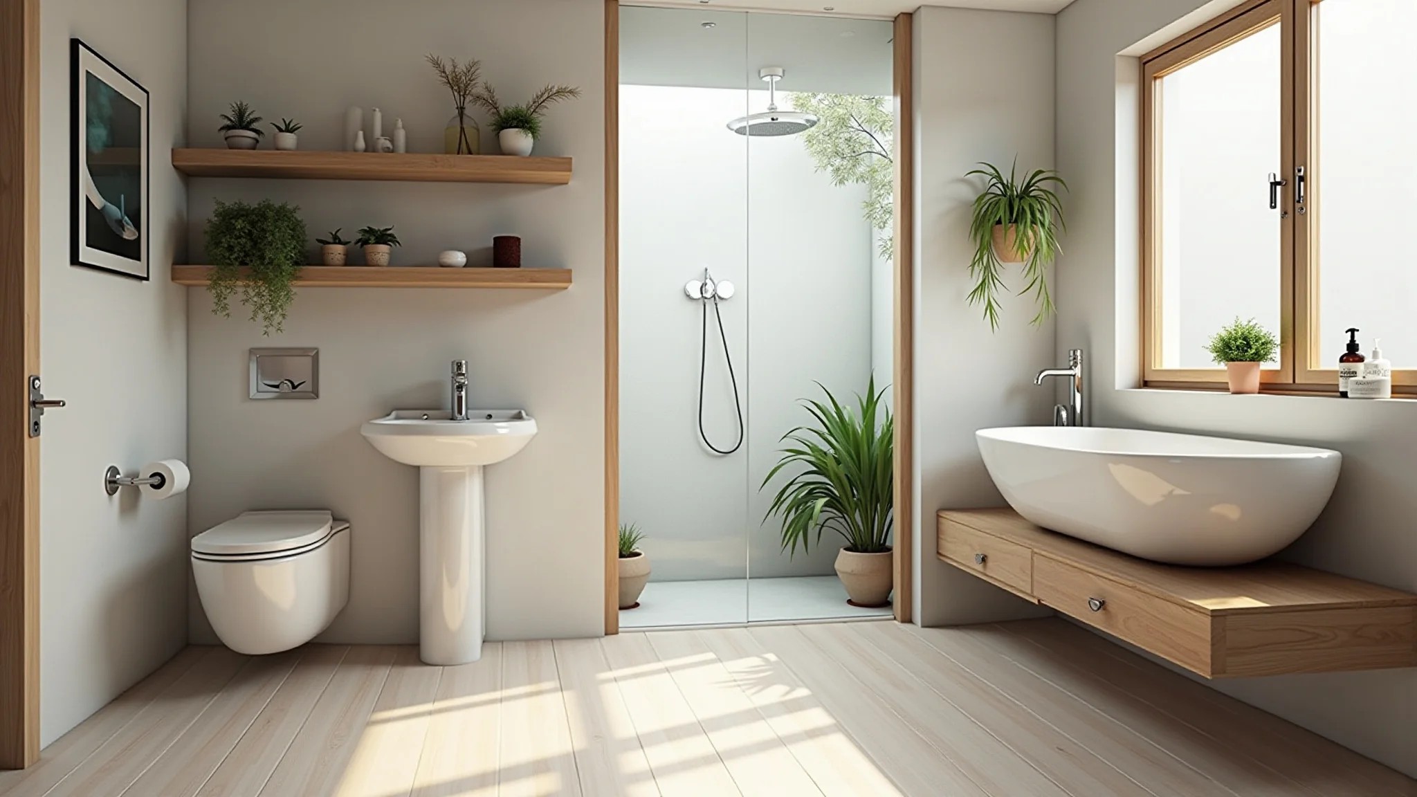 Lavabo pequeno com prateleiras flutuantes, madeira clara e decoração minimalista. Estilo brasileiro.