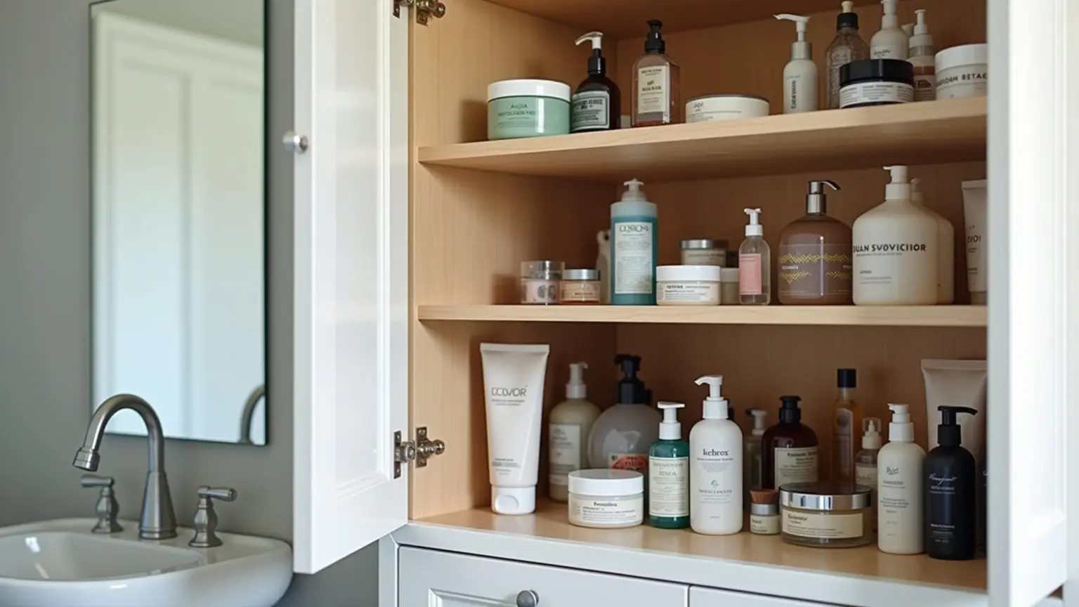 Como Organizar o Armário de Banheiro: 7 Dicas Práticas Armário de banheiro desorganizado e cheio de produtos antes da organização.