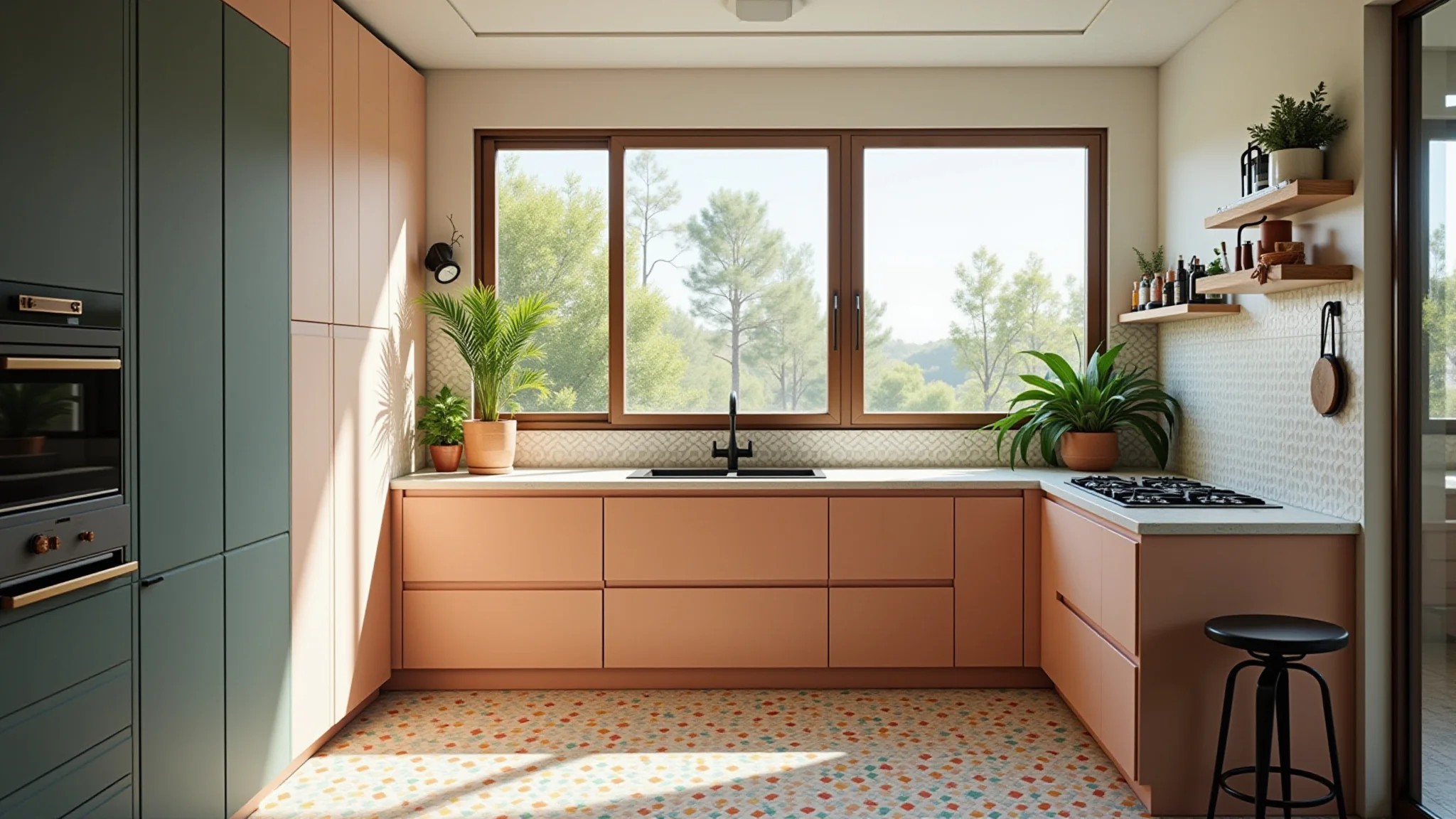 Cozinha compacta com península, design brasileiro vibrante, azulejos coloridos e iluminação natural.