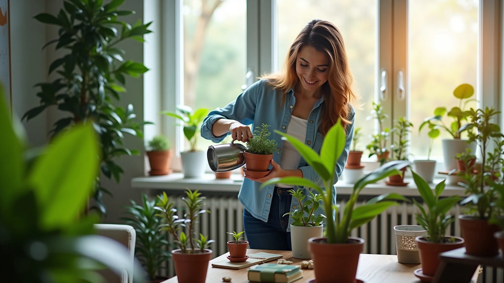 Sala aconchegante com plantas exuberantes. Mulher regando uma Zamioculca, planta resistente para quem esquece de regar.