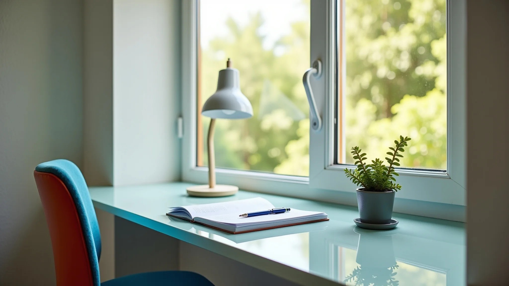 Mesa de vidro em home office pequeno com design minimalista e iluminação natural.
