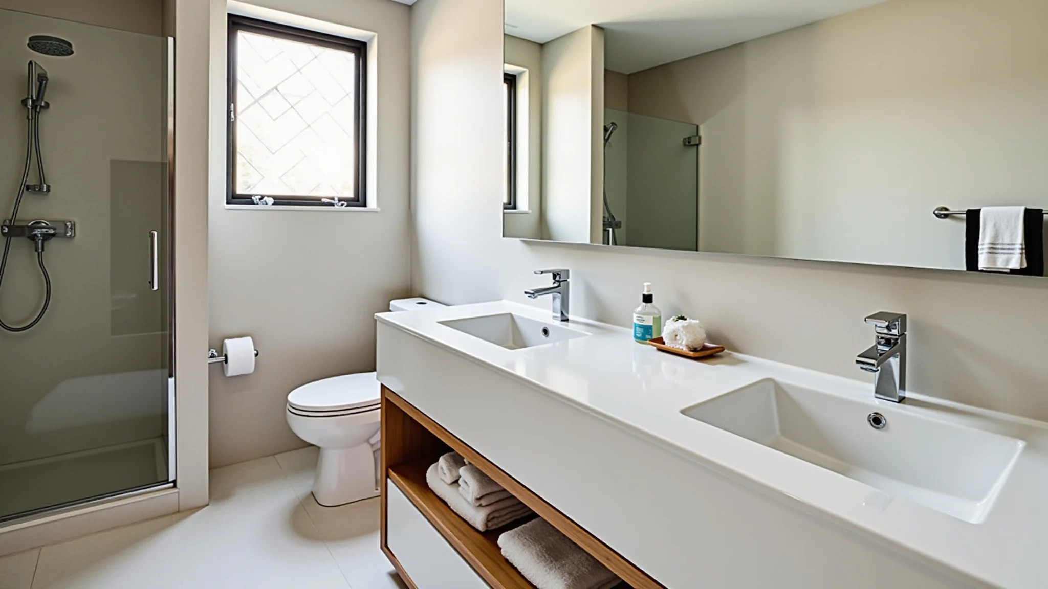 Banheiro moderno com duas cubas, iluminação natural e design brasileiro.