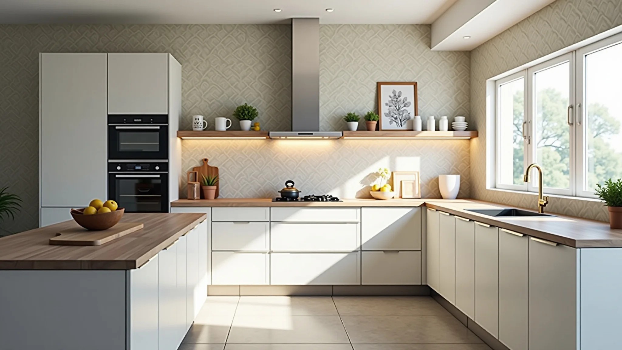 Cozinha moderna com papel de parede lavável floral, iluminação natural e design brasileiro.