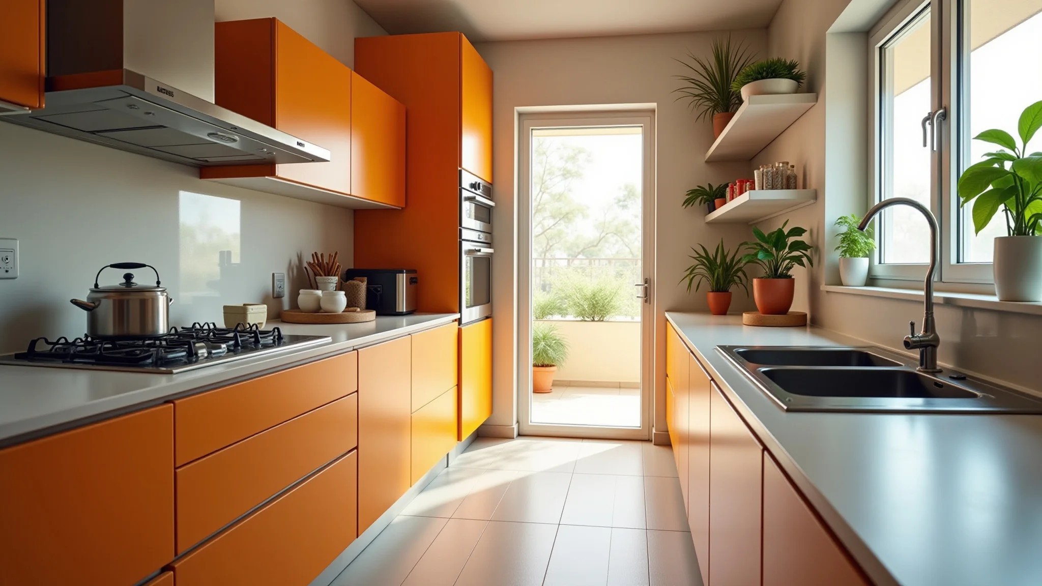 Cozinha moderna brasileira com armários até o teto, organizada e iluminada.