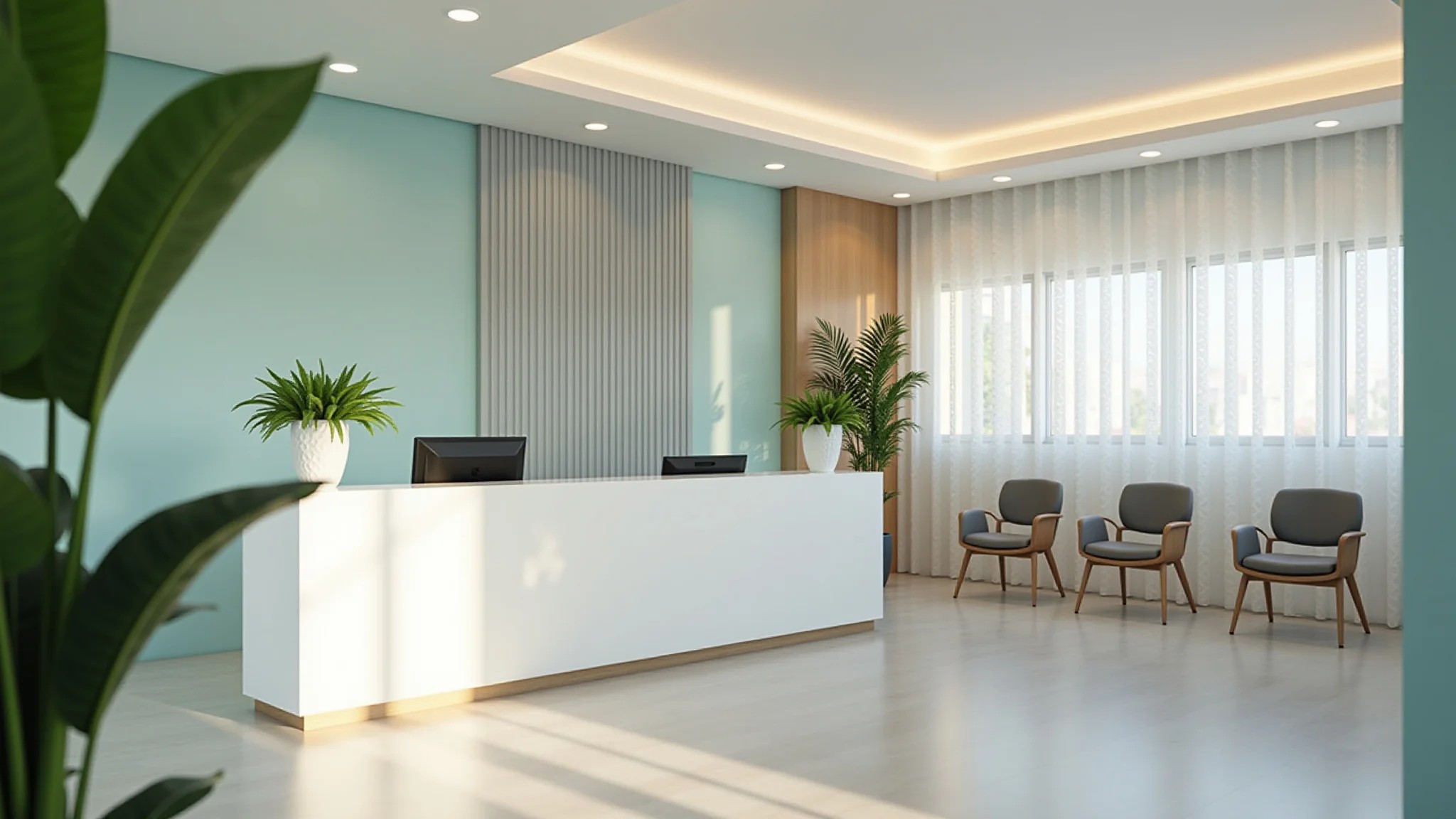 Recepção moderna de consultório odontológico com design clean e iluminação natural.