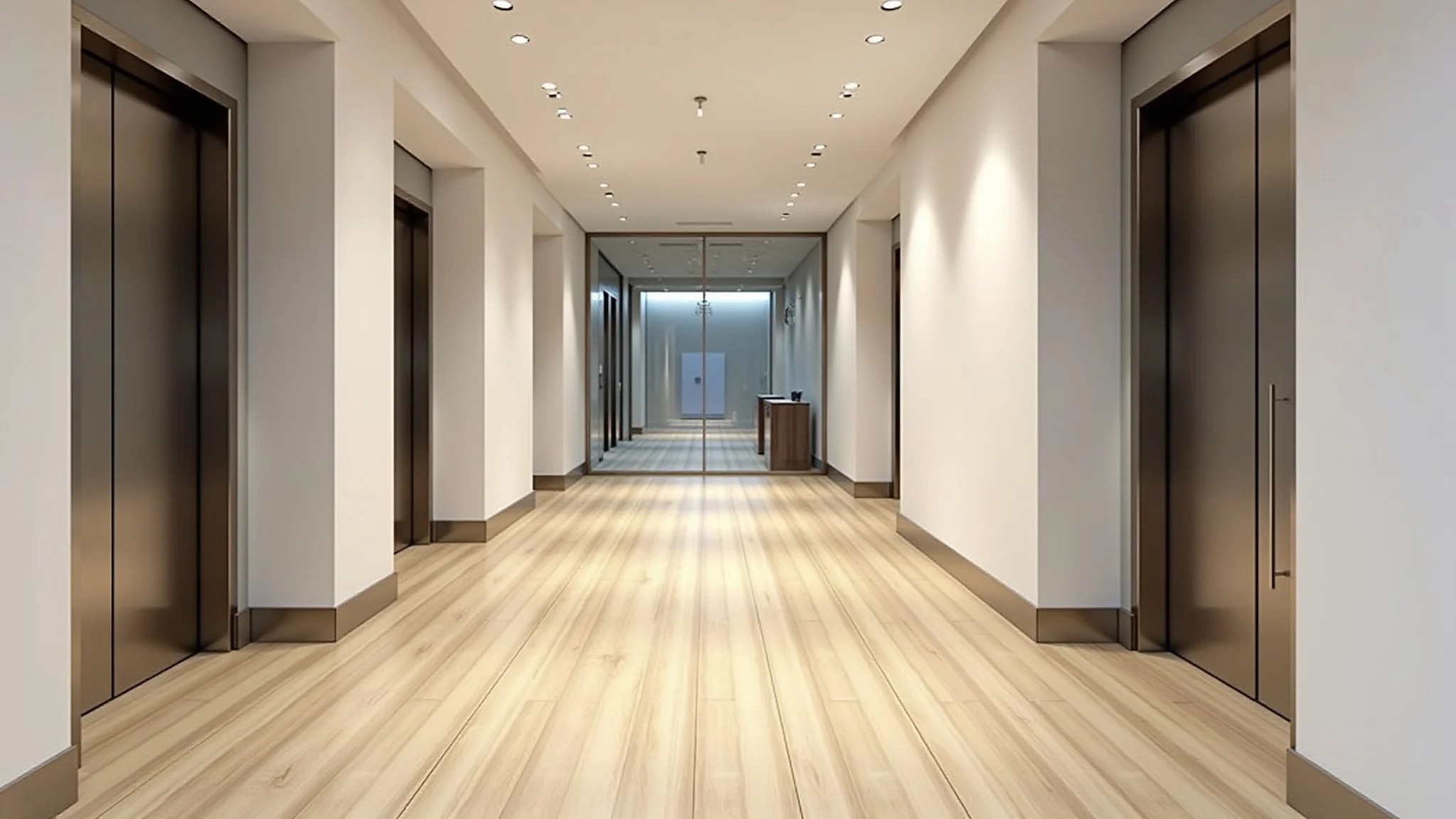 Hall de elevador moderno com piso vinílico claro imitando madeira, design clean e iluminação natural suave.