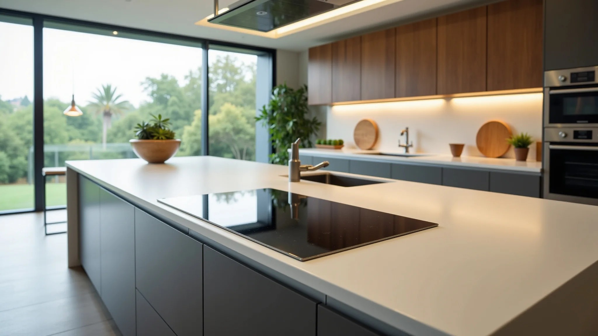 Ilha de cozinha moderna com cooktop e pia, design brasileiro e iluminação natural.