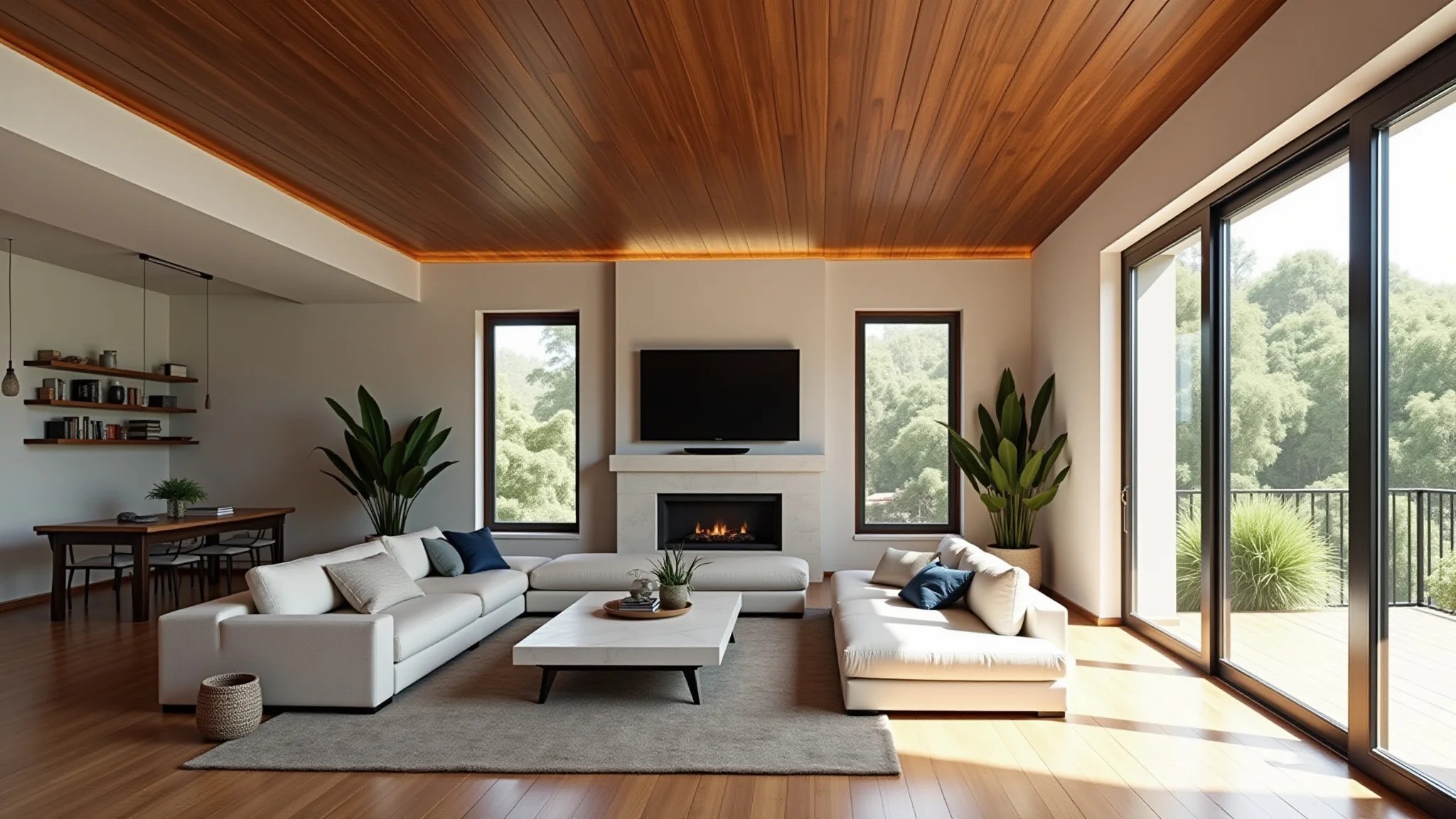 Sala de estar moderna com forro de madeira Tauari, design brasileiro e iluminação natural.