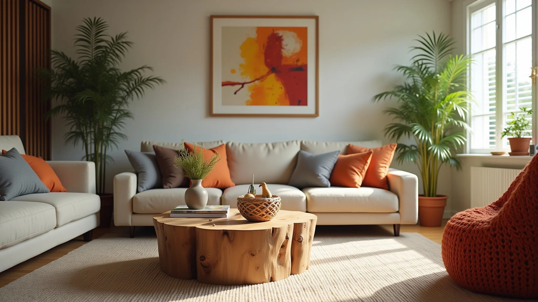 Sala de estar moderna com mesa de centro de madeira de pinus e decoração brasileira colorida.
