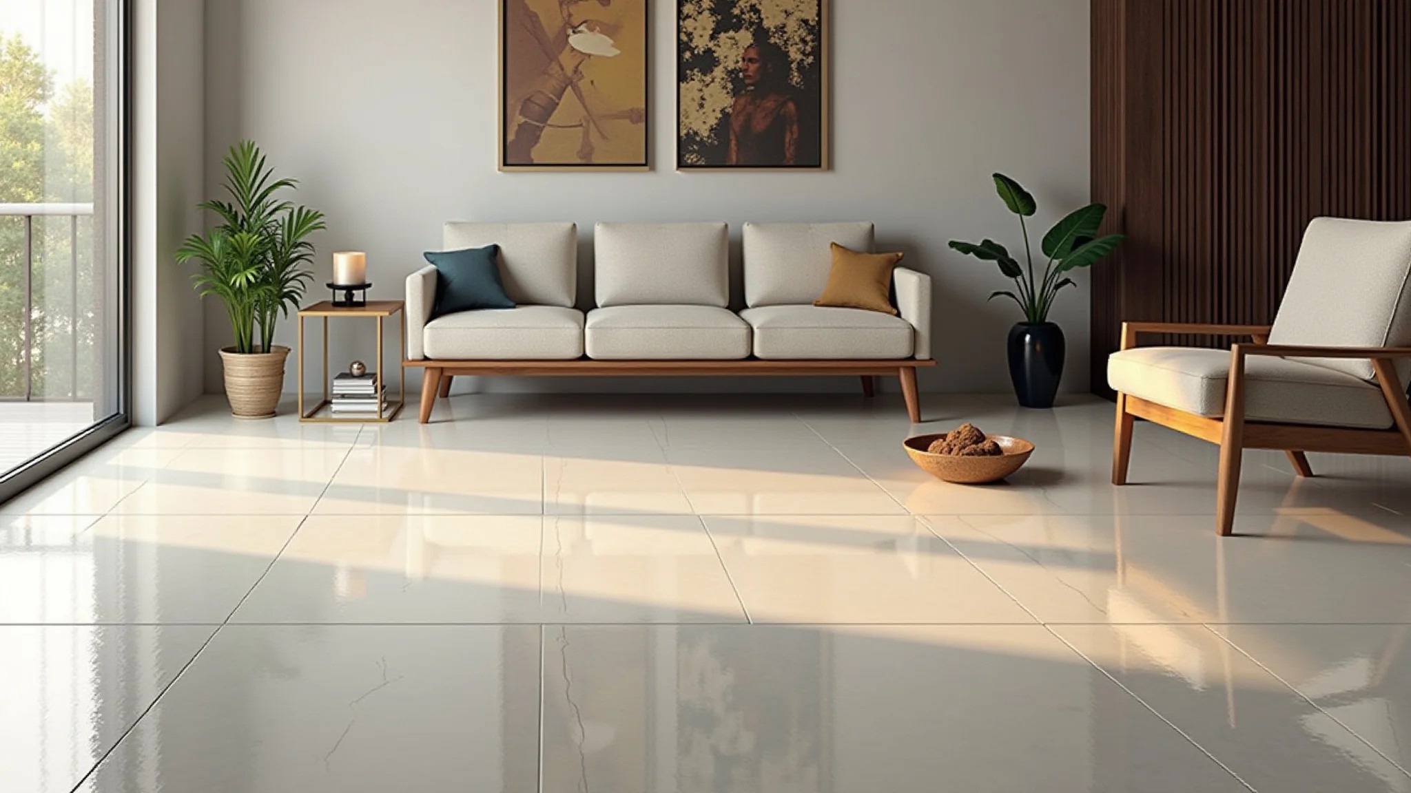 Sala moderna com piso de porcelanato líquido, design minimalista e iluminação natural.
