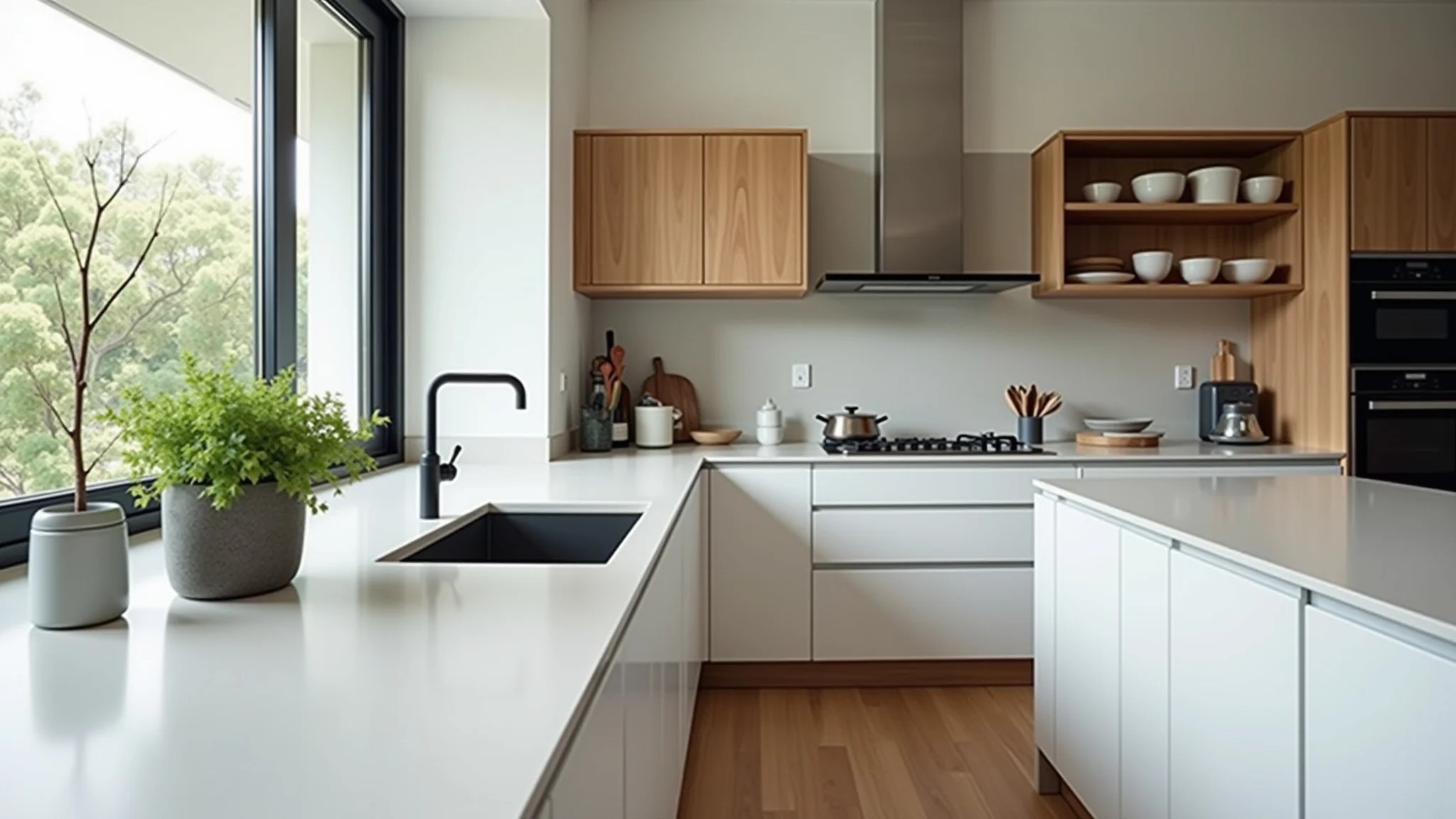 Bancada de cozinha em L otimizando espaço em uma casa brasileira moderna.