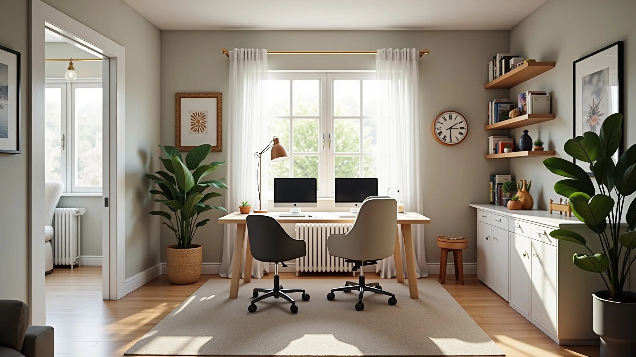 Home office compartilhado para casal com escrivaninha grande e divisória, iluminação natural e decoração brasileira.
