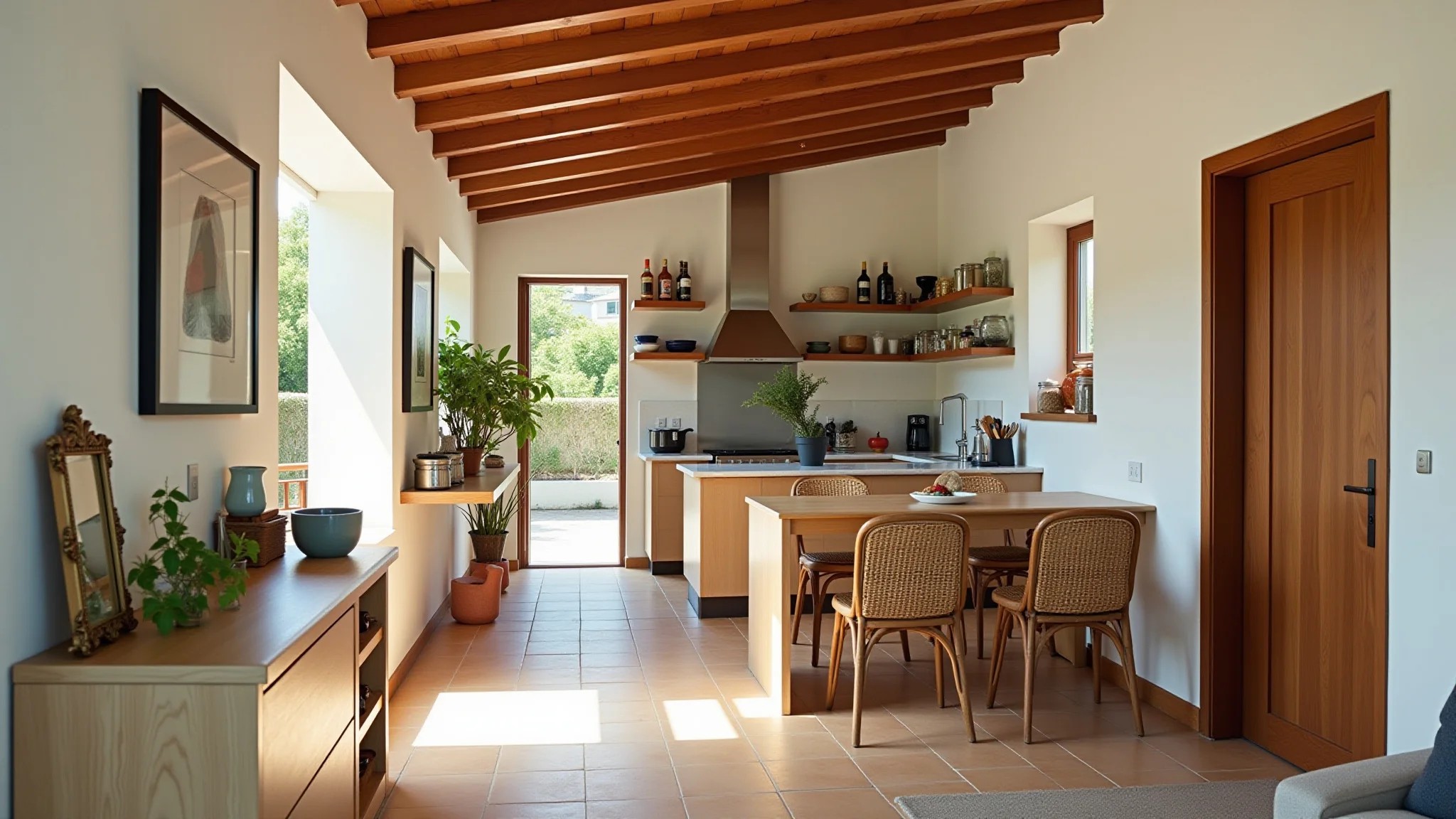 Cozinha americana pequena integrada à sala, com design brasileiro vibrante e iluminação natural.