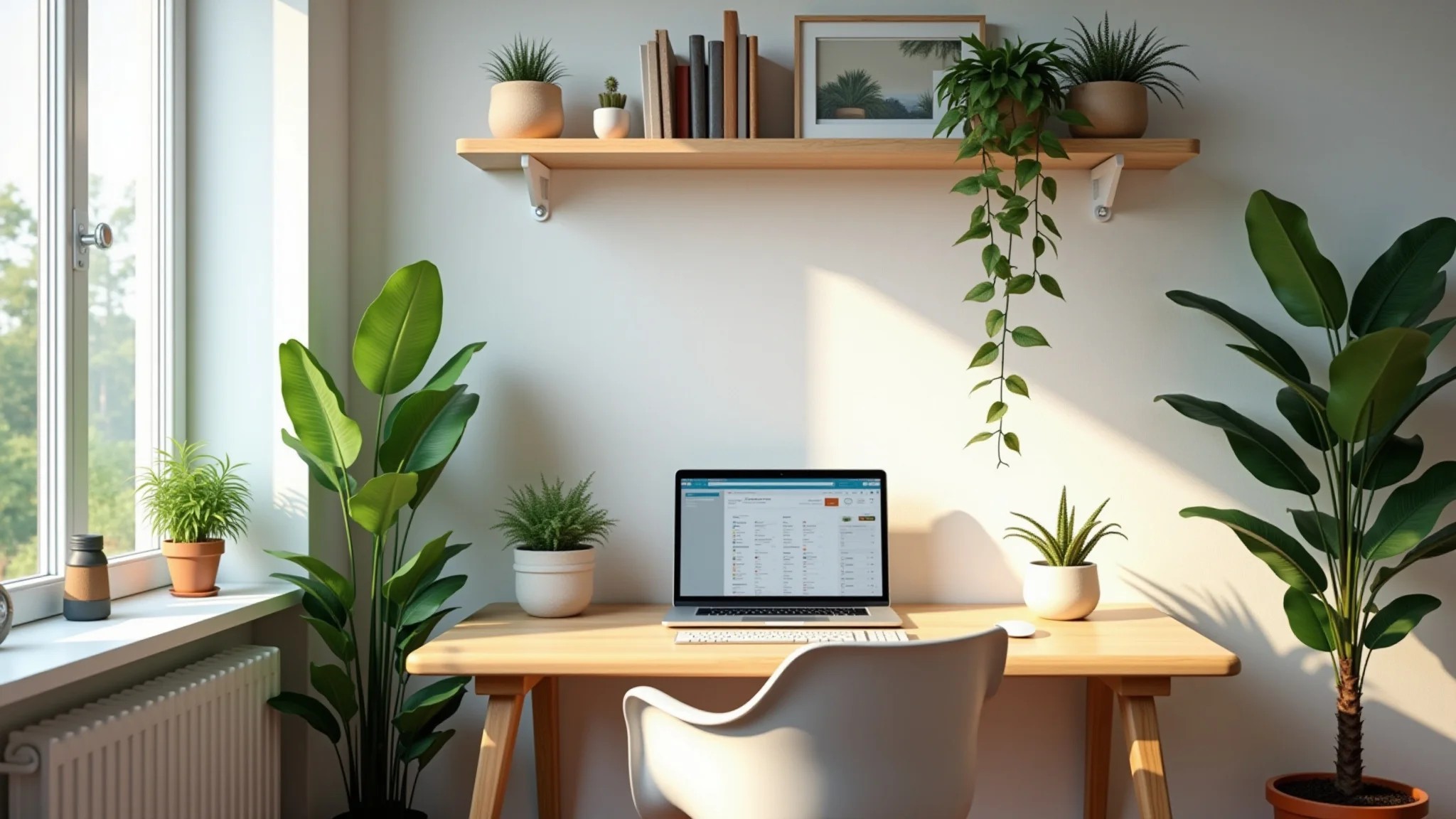 Home office pequeno e bem iluminado com decoração brasileira e plantas.